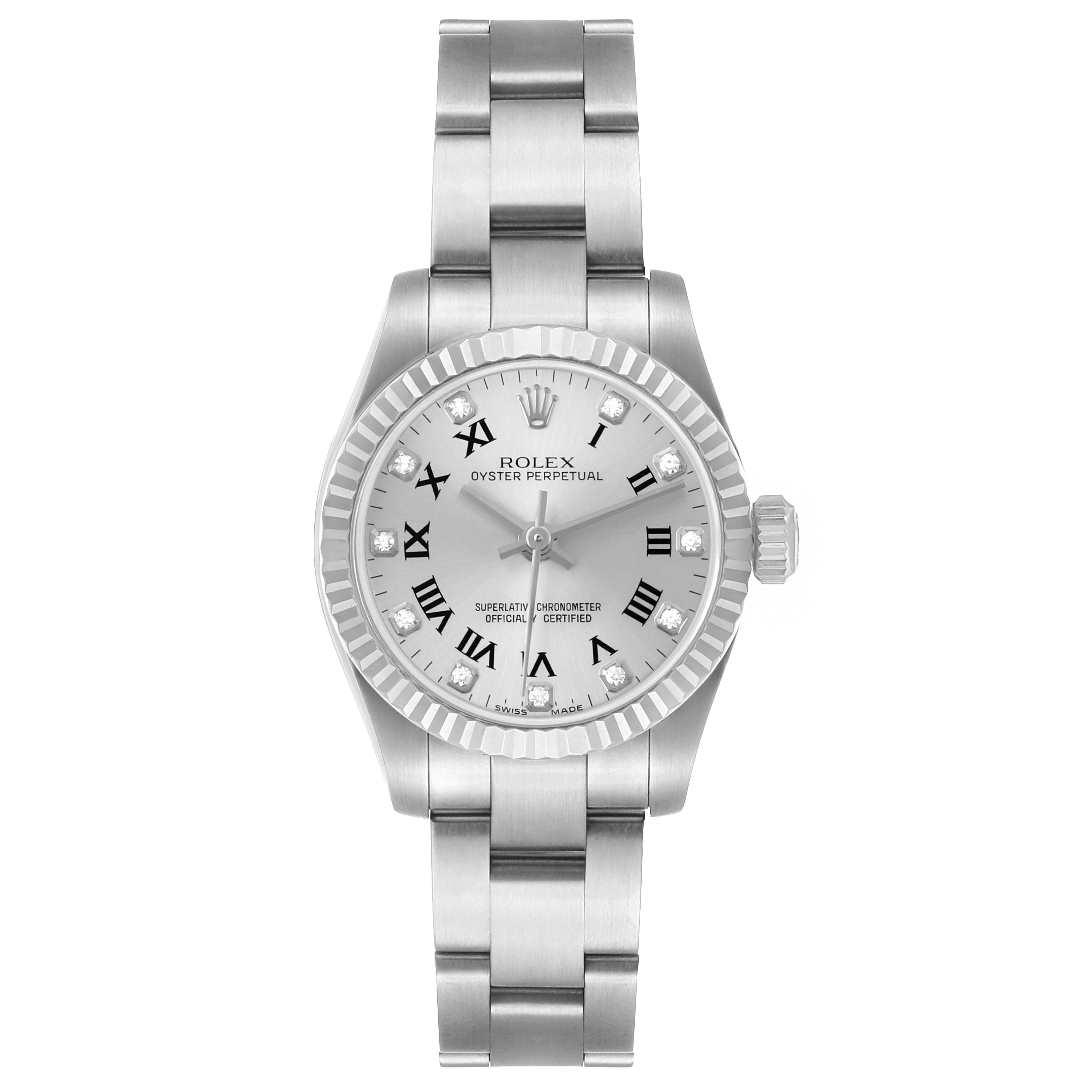 The Rolex Oyster Perpetual 176234 Women's Stainless Steel Silver Dial watch is shown from a top-down angle, displaying the dial, bezel, bracelet, and crown.