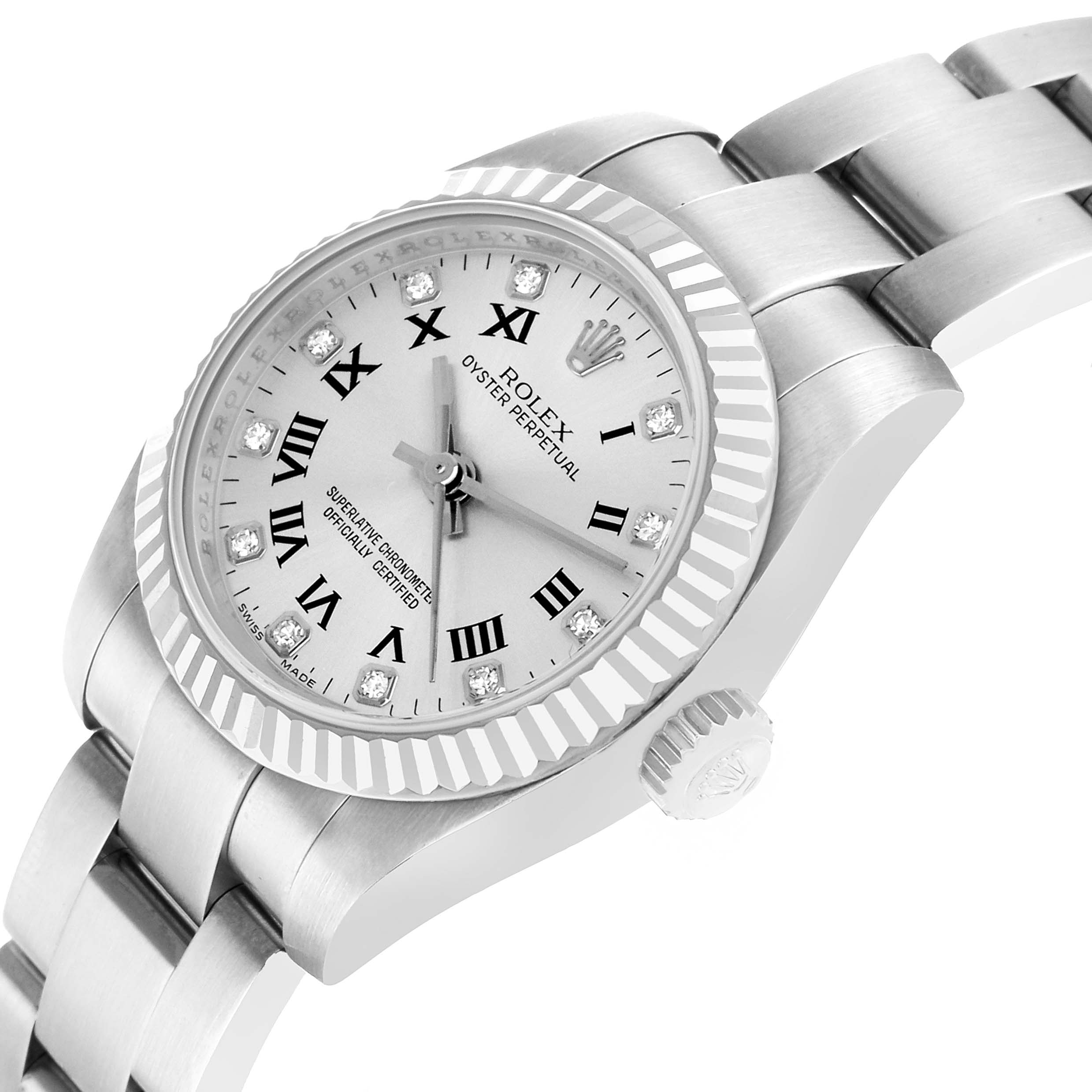 The Rolex Oyster Perpetual 176234 Women's Stainless Steel Silver Dial watch is shown at a tilted angle, displaying the dial, fluted bezel, case, and part of the bracelet.