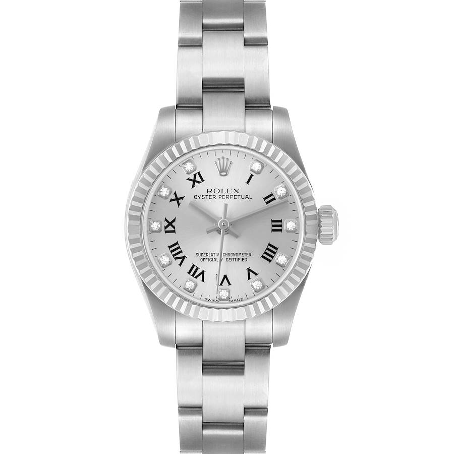 The Rolex Oyster Perpetual 176234 Women's Stainless Steel Silver Dial watch is shown from a front angle, highlighting its dial, bezel, and bracelet.