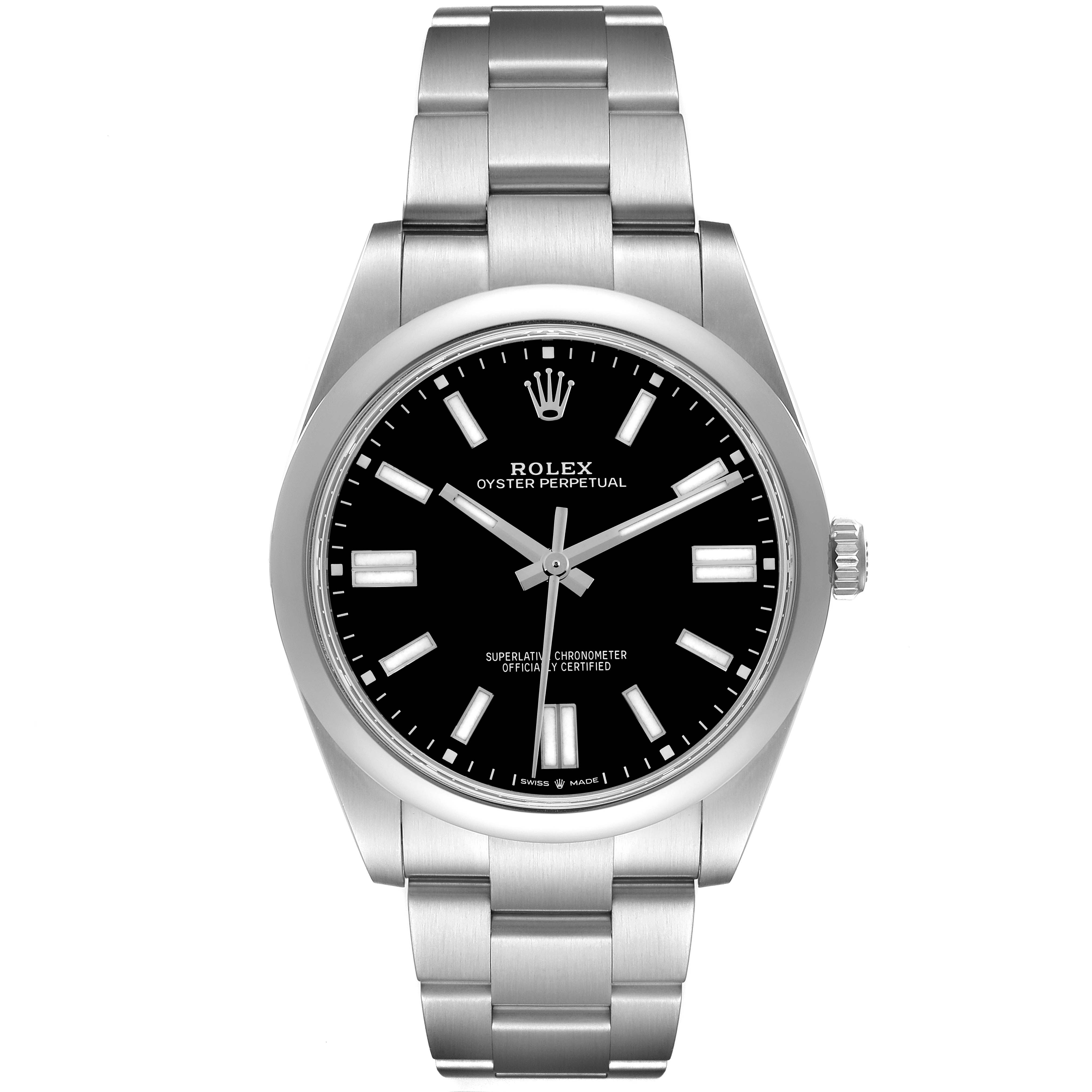 The Rolex Oyster Perpetual 124300 Men
s Stainless Steel Black Dial 124300 Men
s Stainless Steel Black Dial watch is shown from a front angle, displaying its face, bezel, and part of its bracelet.