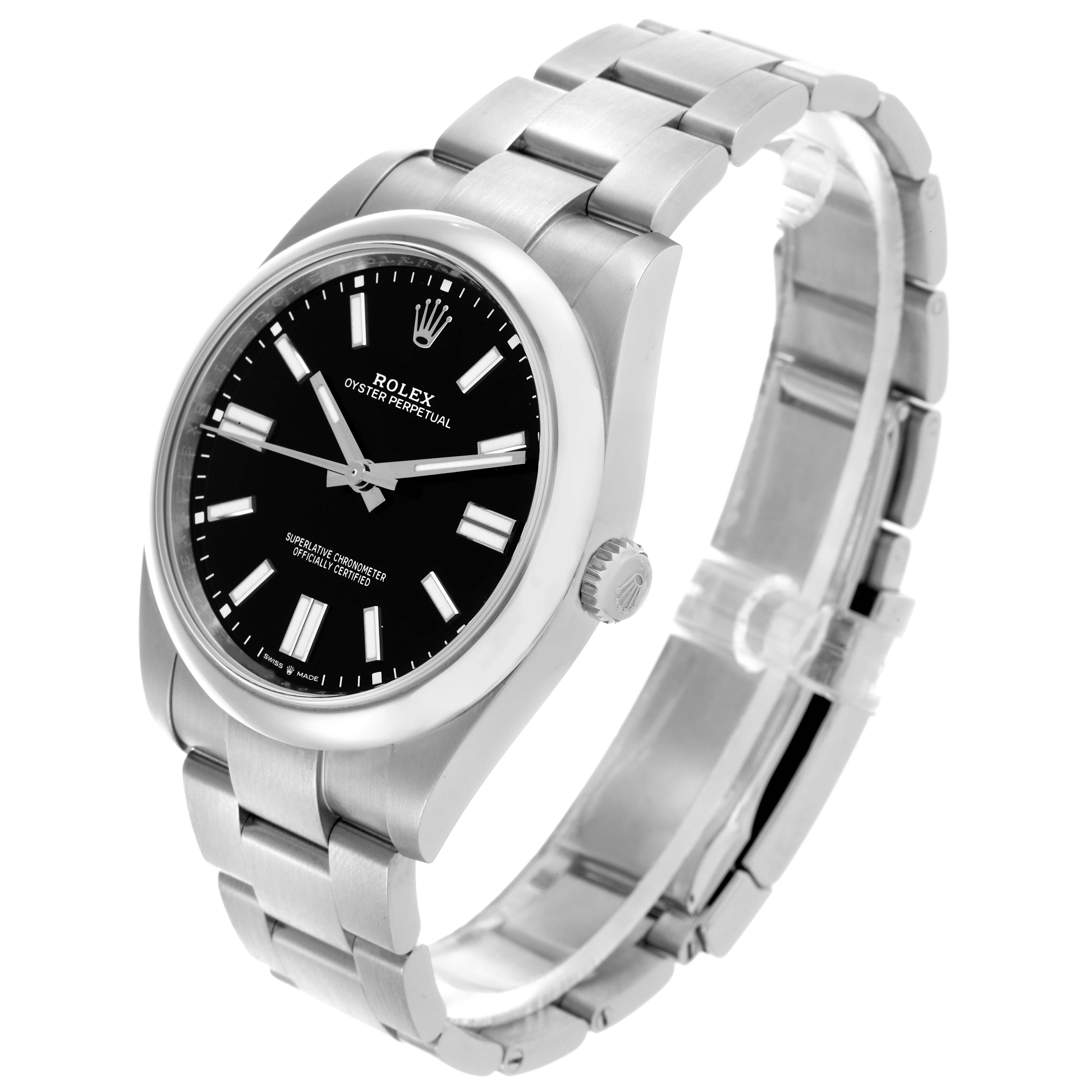 The Rolex Oyster Perpetual 124300 Men
s Stainless Steel Black Dial 124300 Men
s Stainless Steel Black Dial watch is shown at an angle highlighting the face, crown, and full bracelet.