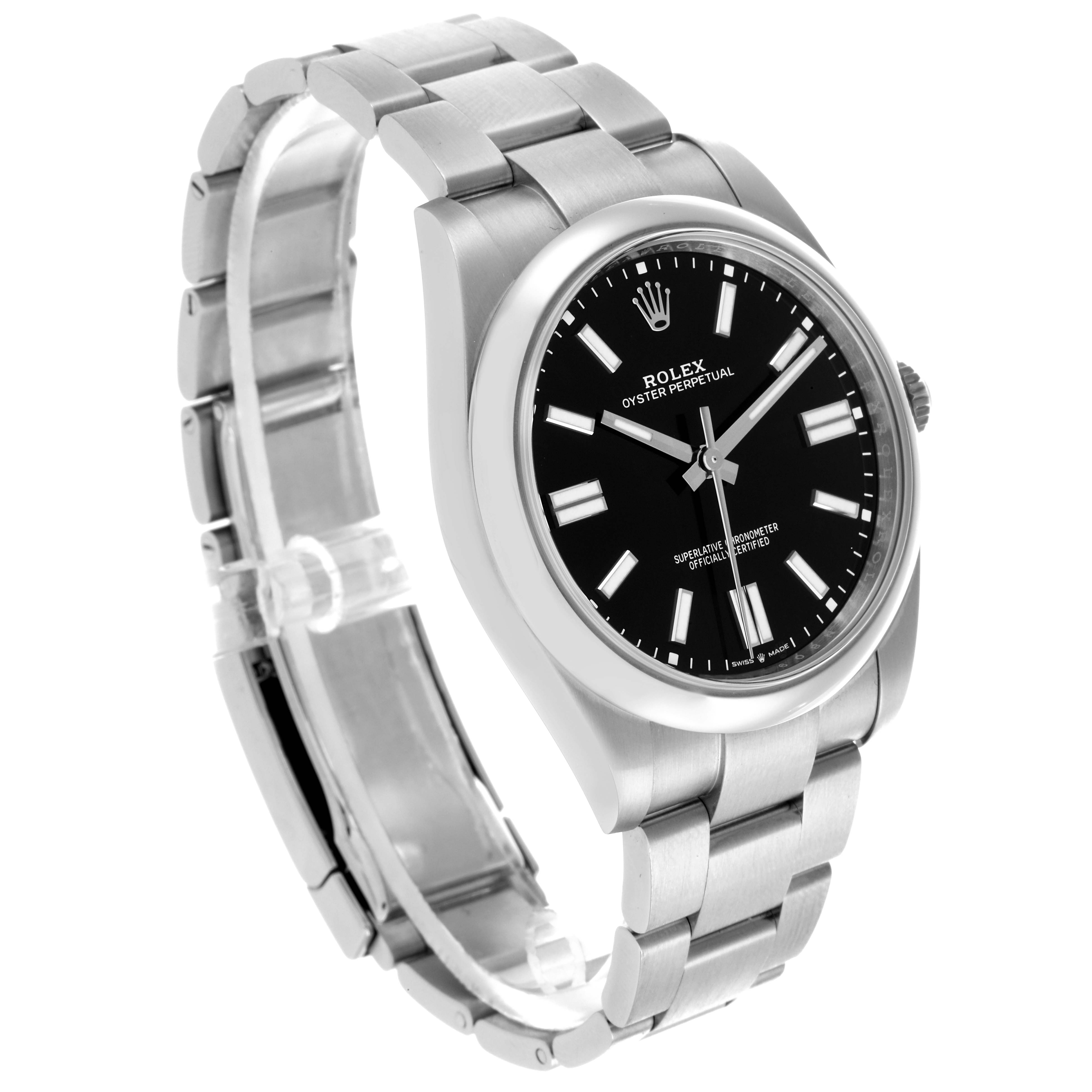 The Rolex Oyster Perpetual 124300 Men
s Stainless Steel Black Dial 124300 Men
s Stainless Steel Black Dial watch is shown at a three-quarter angle, displaying the face, bezel, crown, and part of the bracelet.
