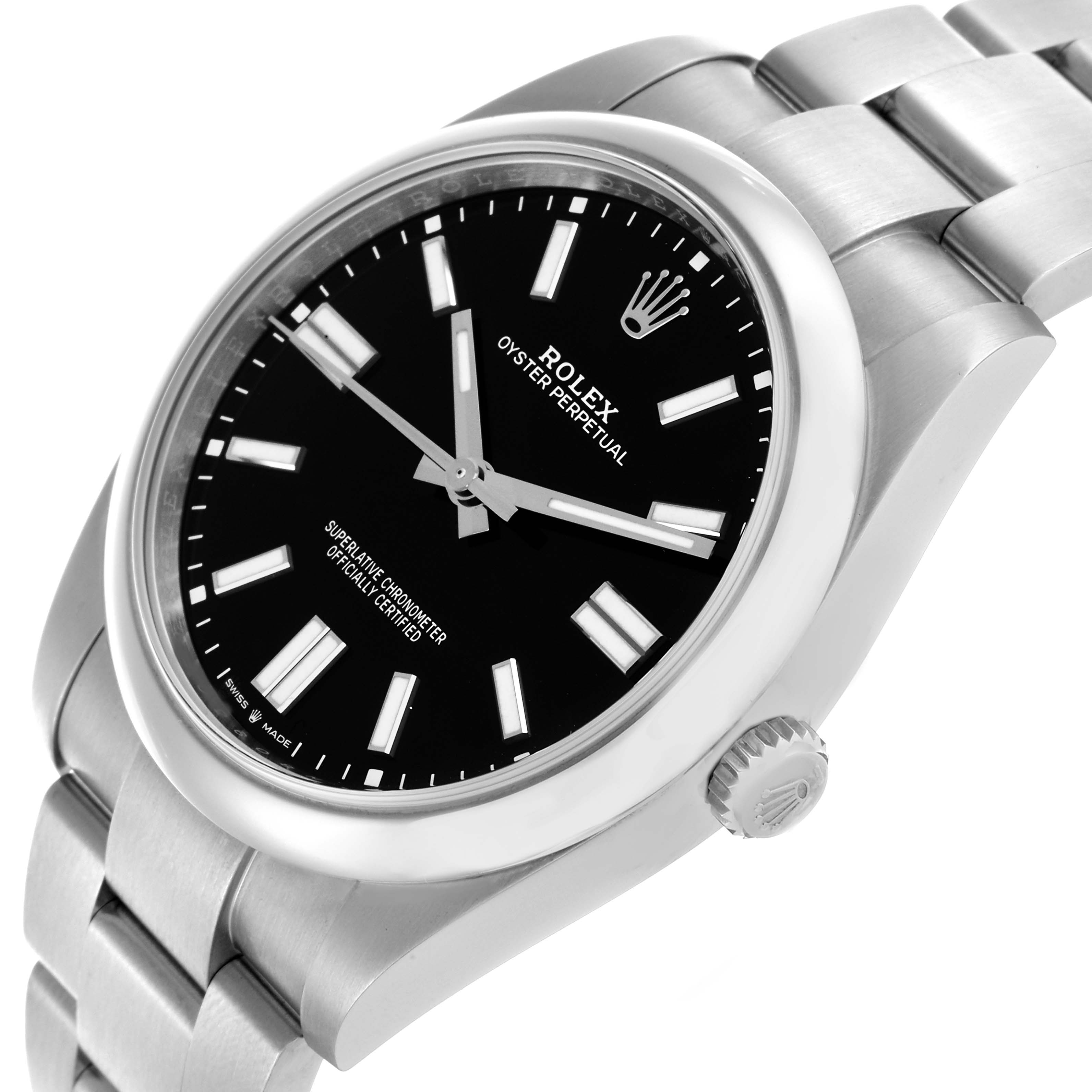 The Rolex Oyster Perpetual 124300 Men
s Stainless Steel Black Dial 124300 Men
s Stainless Steel Black Dial is shown at an angle displaying the face, bezel, and part of the bracelet.