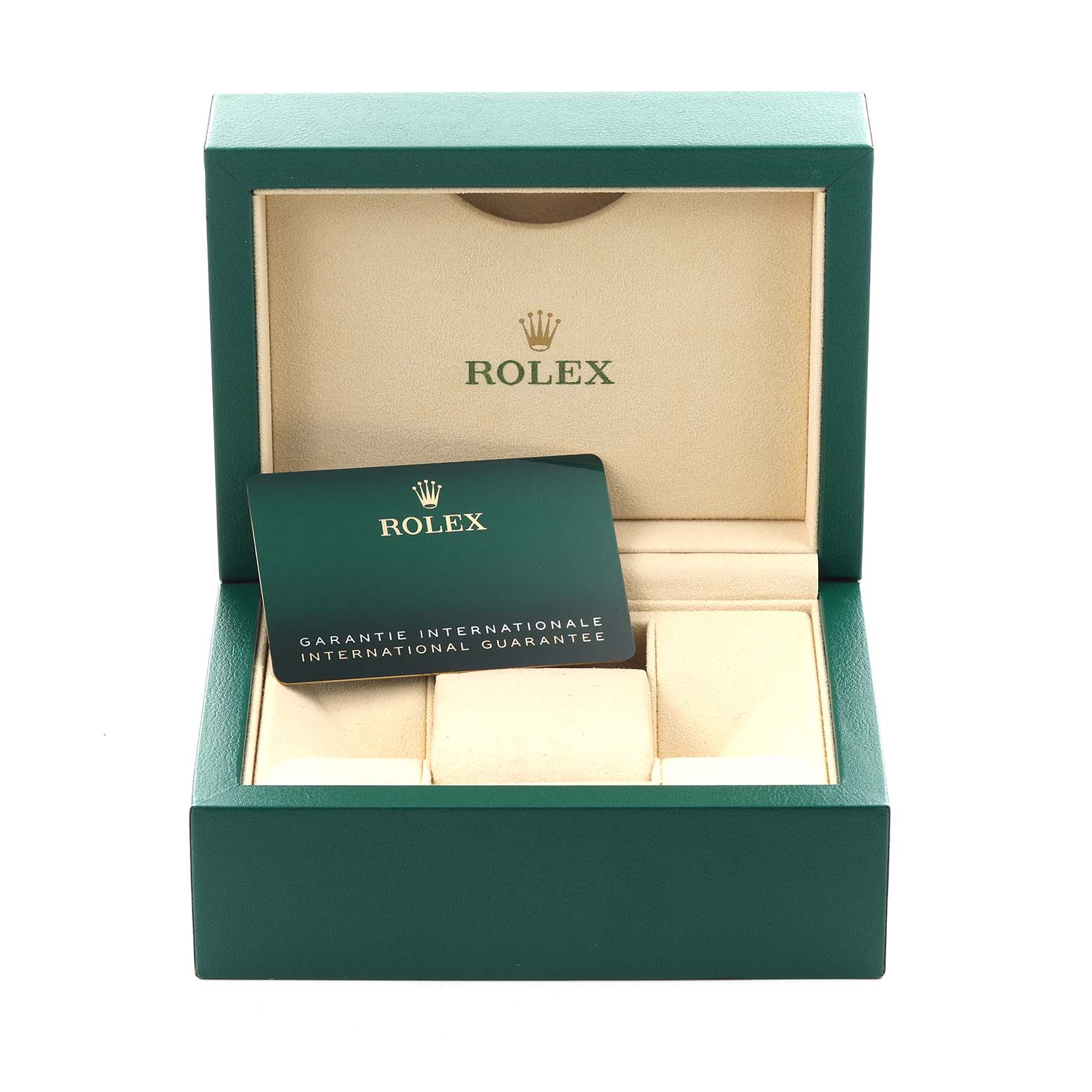 The image shows a green Rolex Oyster Perpetual 124300 Men
s Stainless Steel Black Dial 124300 Men
s Stainless Steel Black Dial watch box, open with the guarantee card inside.