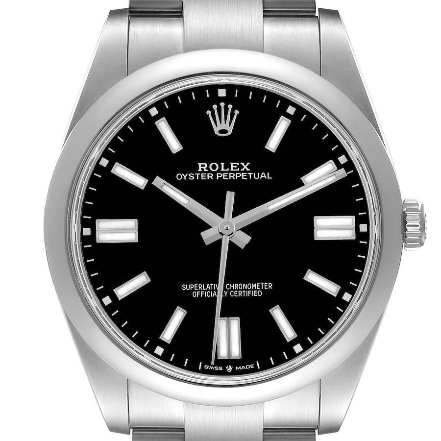 The image shows a front view of the Rolex Oyster Perpetual, highlighting the dial, hands, and bezel.