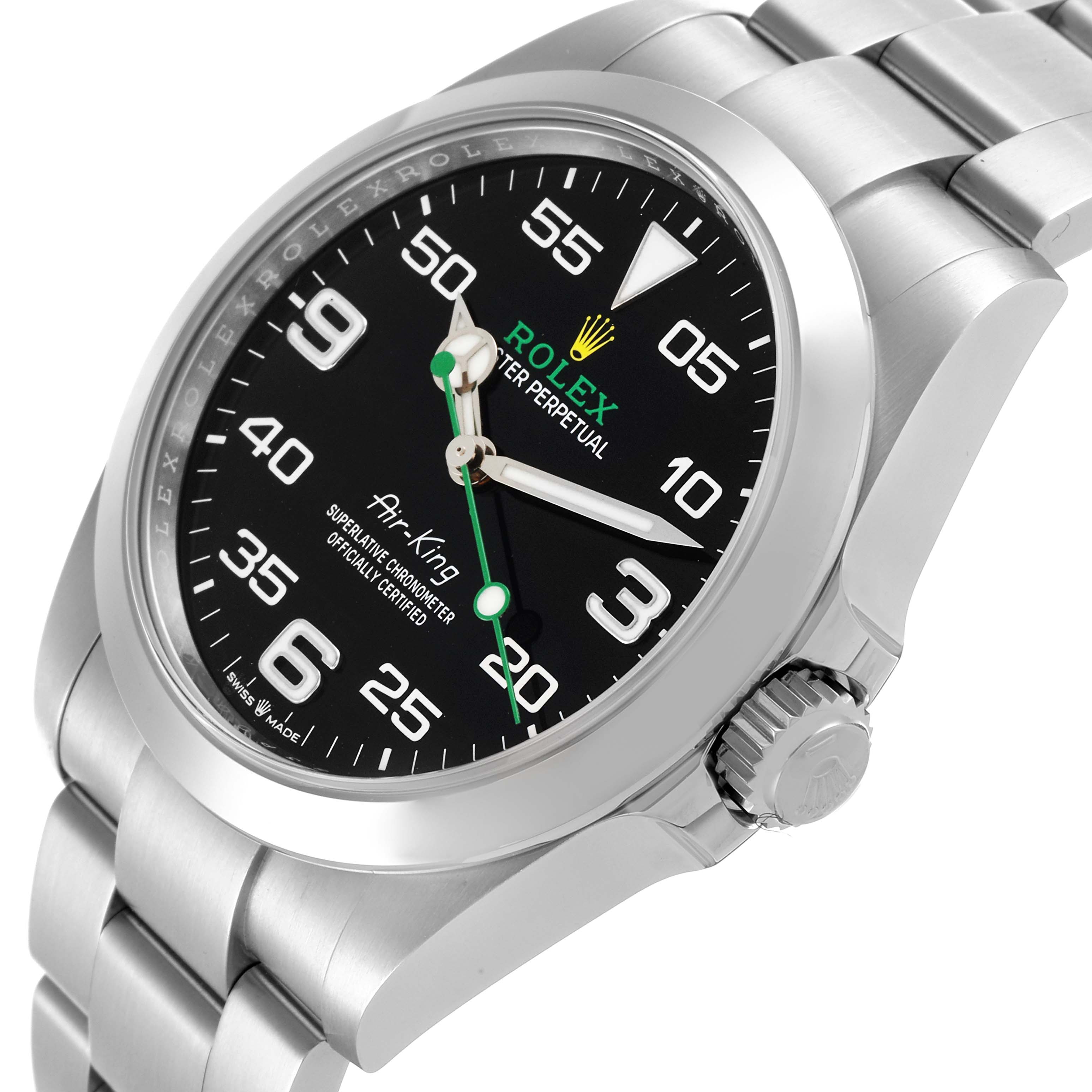 The Rolex Air-King 126900 Men's Stainless Steel Black Dial 126900 Men's Stainless Steel Black Dial watch is shown at a slight angle, displaying the dial, bezel, and part of the bracelet.