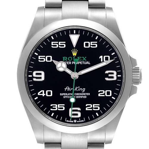 The image shows a frontal view of the Rolex Air-King watch, highlighting its dial and bracelet.