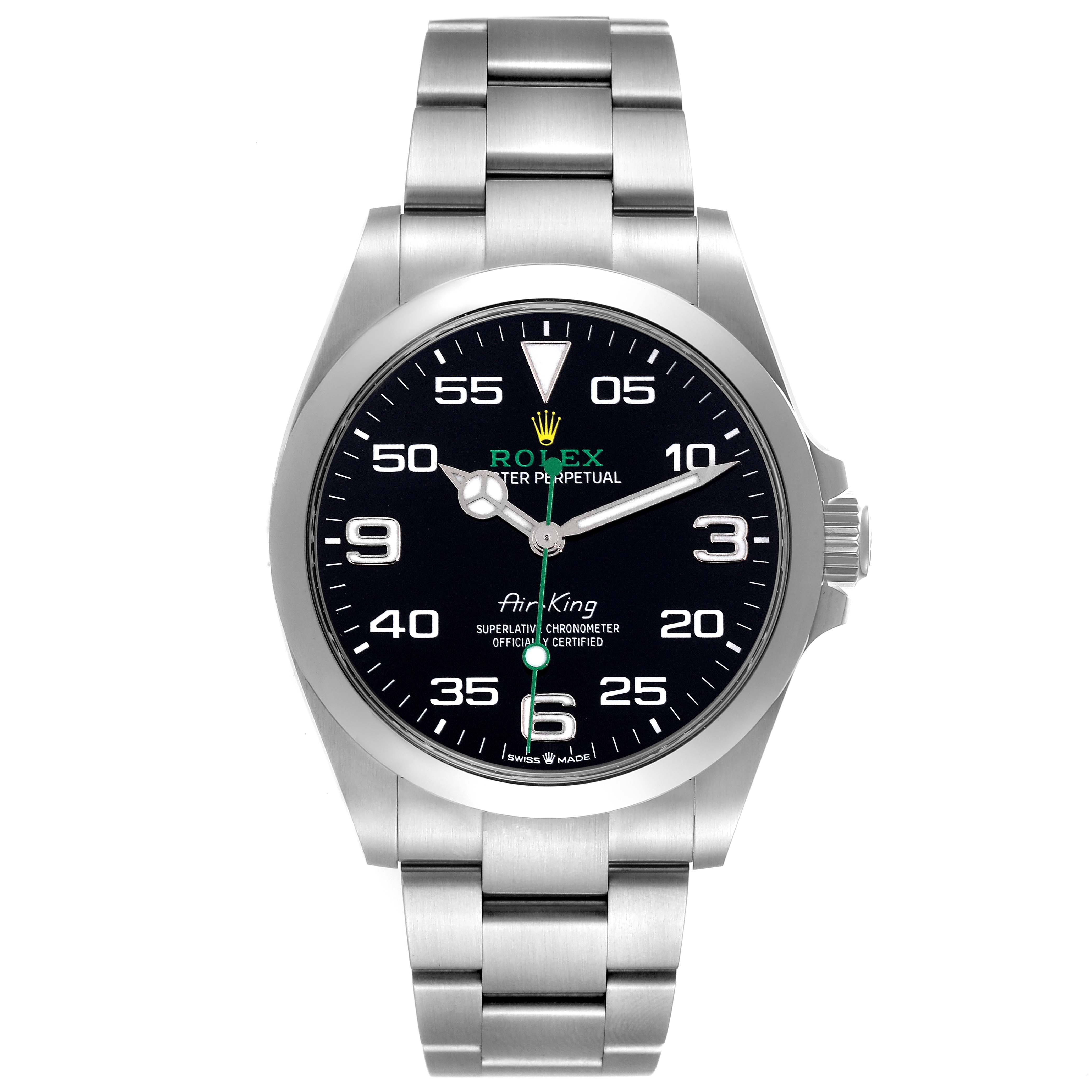 The Rolex Air-King 126900 Men's Stainless Steel Black Dial 126900 Men's Stainless Steel Black Dial watch is shown from a front angle, displaying the dial, bezel, and bracelet.
