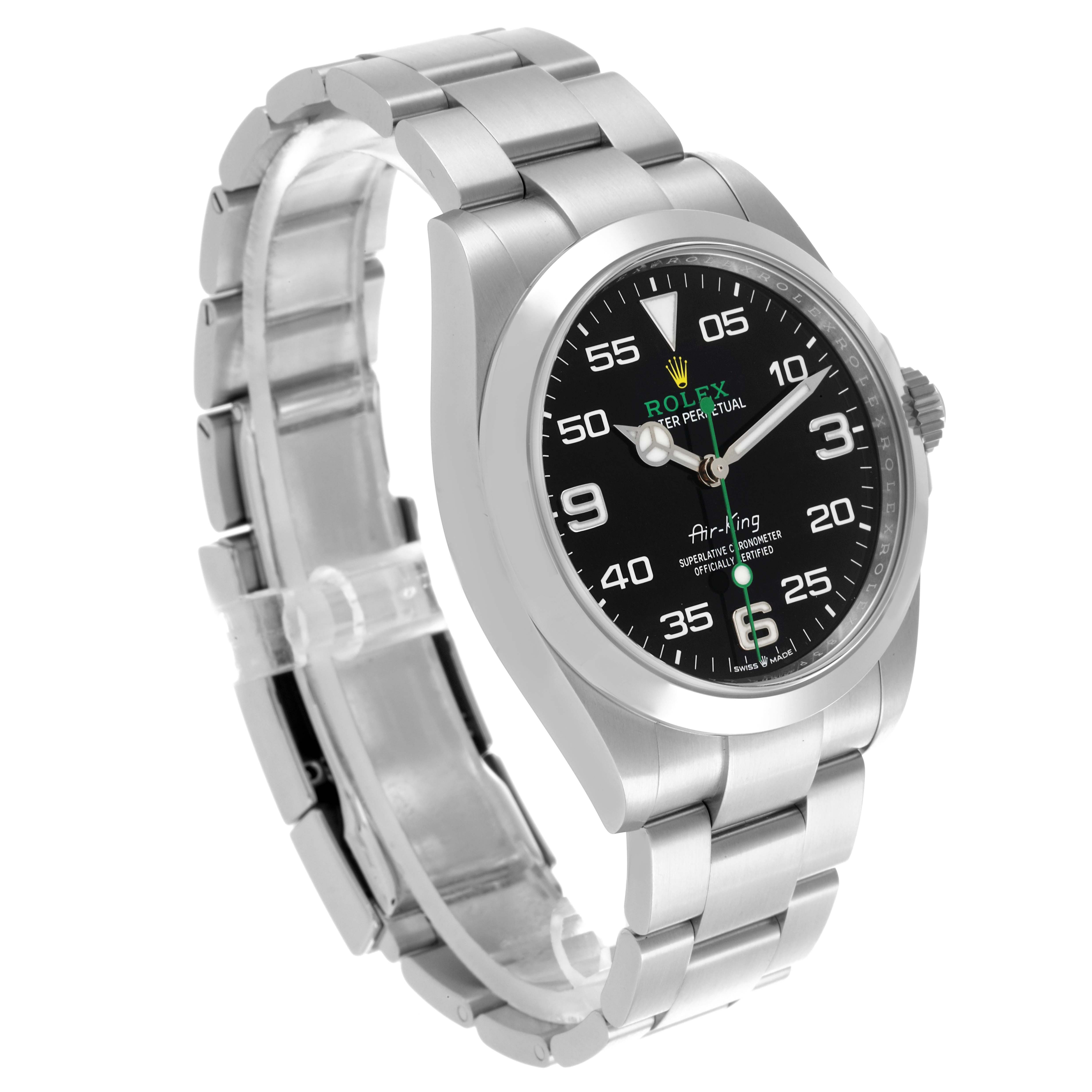 The Rolex Air-King 126900 Men's Stainless Steel Black Dial 126900 Men's Stainless Steel Black Dial watch is shown at a three-quarter view, highlighting the dial, bezel, and bracelet.