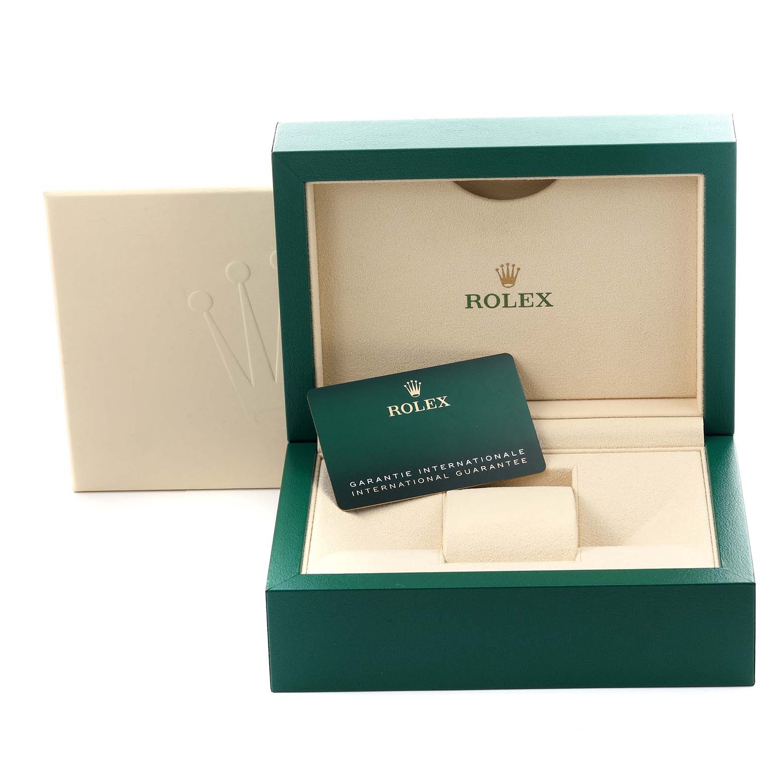 The image shows a Rolex Air-King 126900 Men's Stainless Steel Black Dial 126900 Men's Stainless Steel Black Dial watch box and an international guarantee card, viewed from the front.