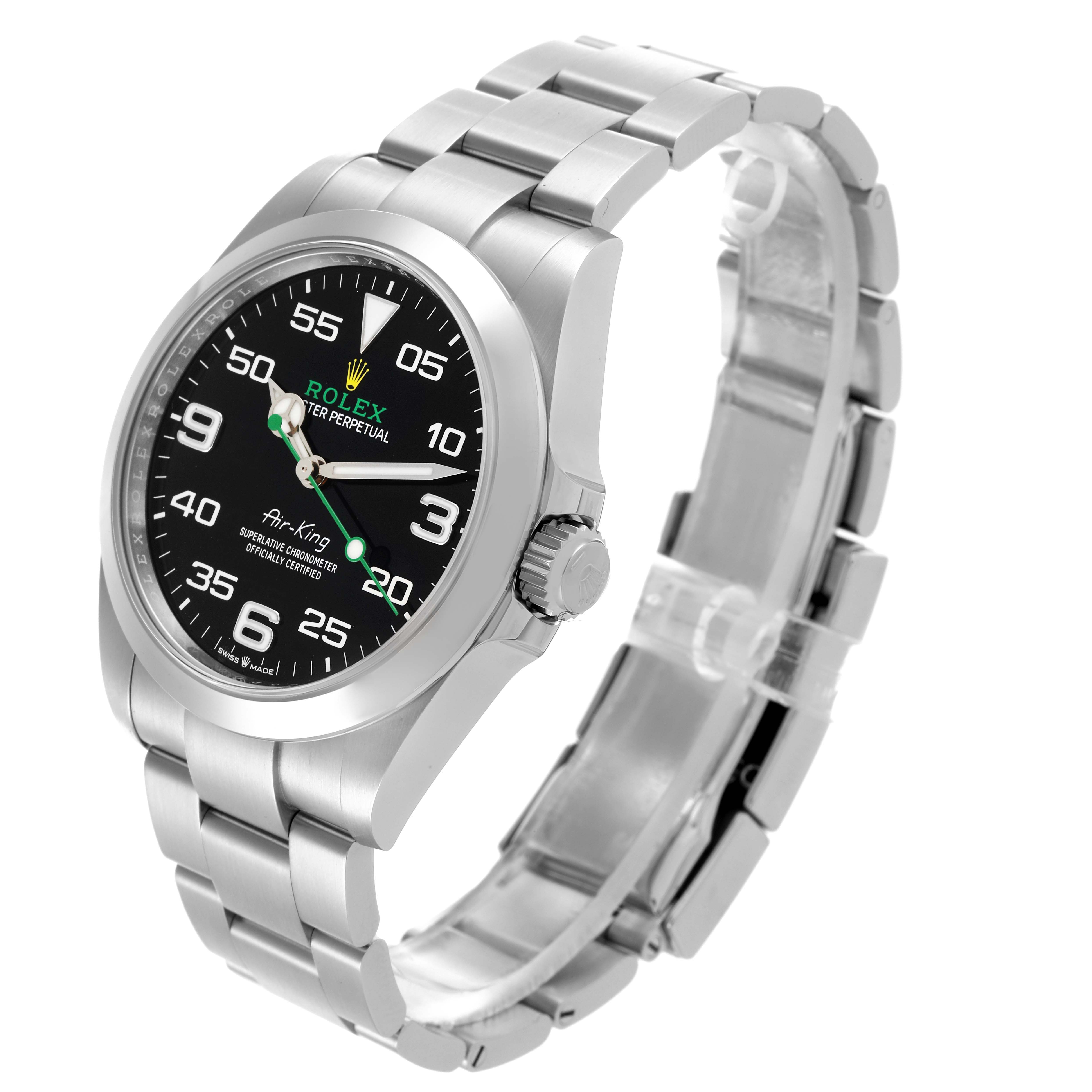 The Rolex Air-King 126900 Men's Stainless Steel Black Dial 126900 Men's Stainless Steel Black Dial watch is shown at a slight angle, displaying the face and bracelet links prominently.