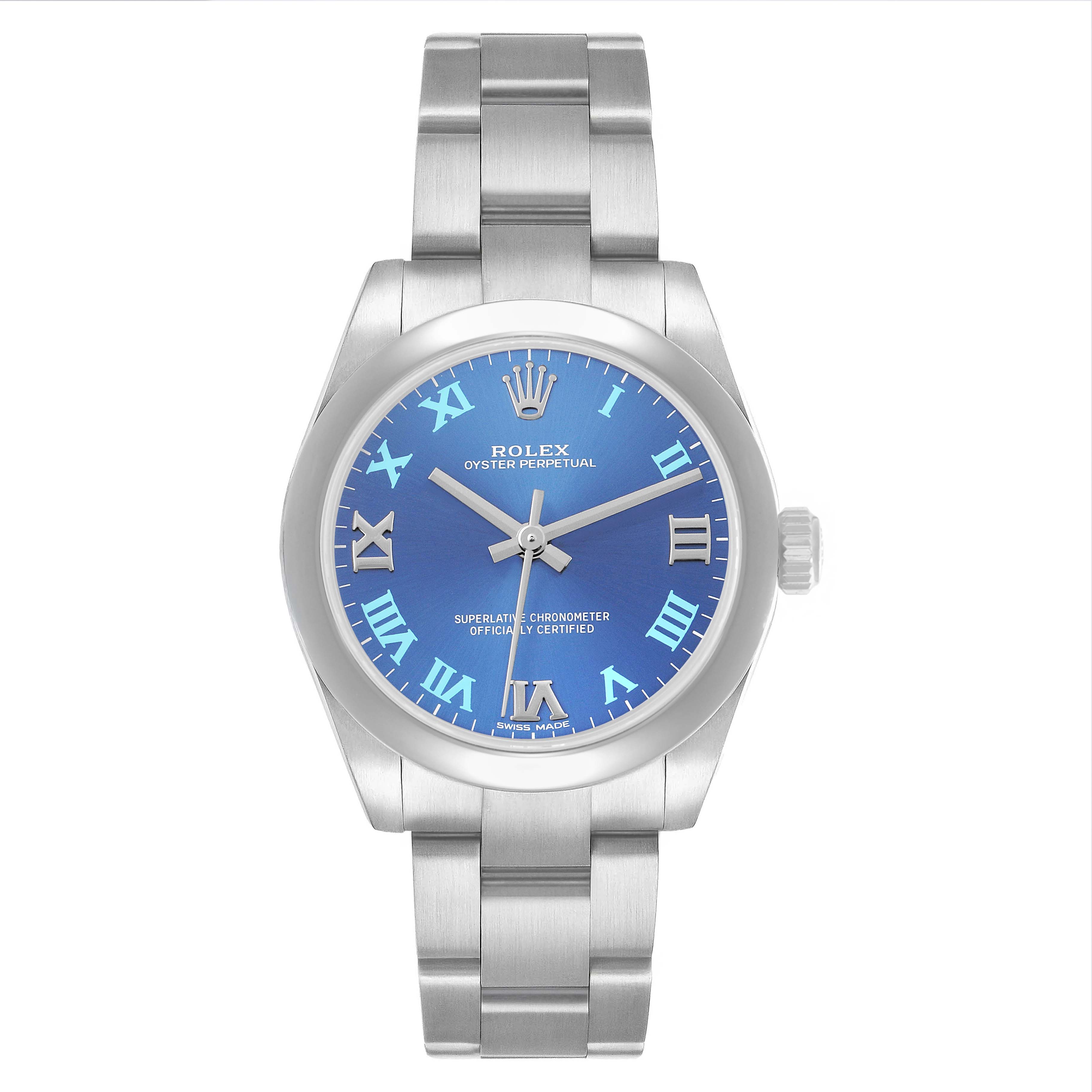 The Rolex Mid-Size 177200 Women's Stainless Steel Blue Dial watch is shown from the front, displaying its blue dial, Roman numerals, and silver stainless steel bracelet.