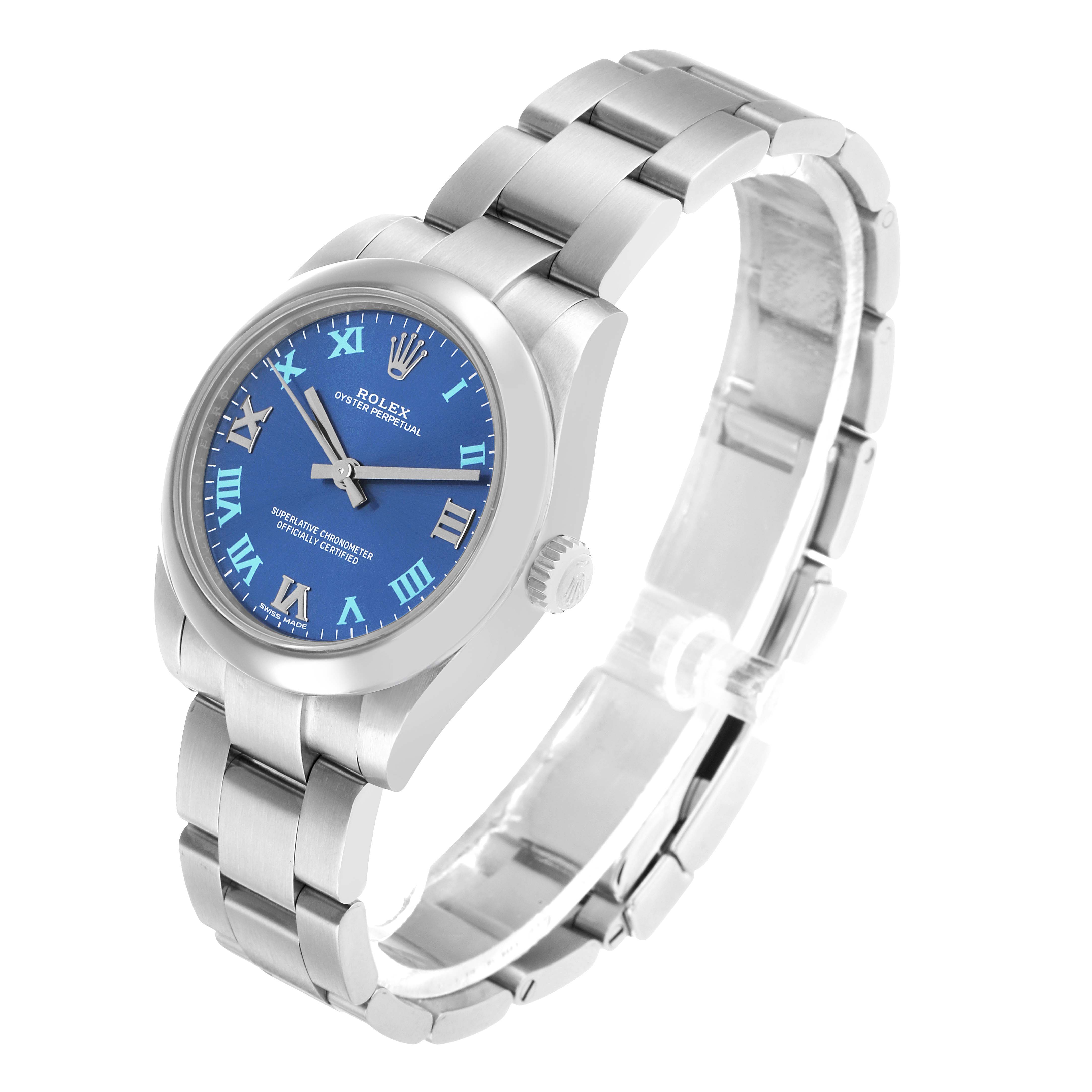 The Rolex Mid-Size 177200 Women's Stainless Steel Blue Dial watch is displayed at an angle showing the blue dial, crown, and stainless steel bracelet.