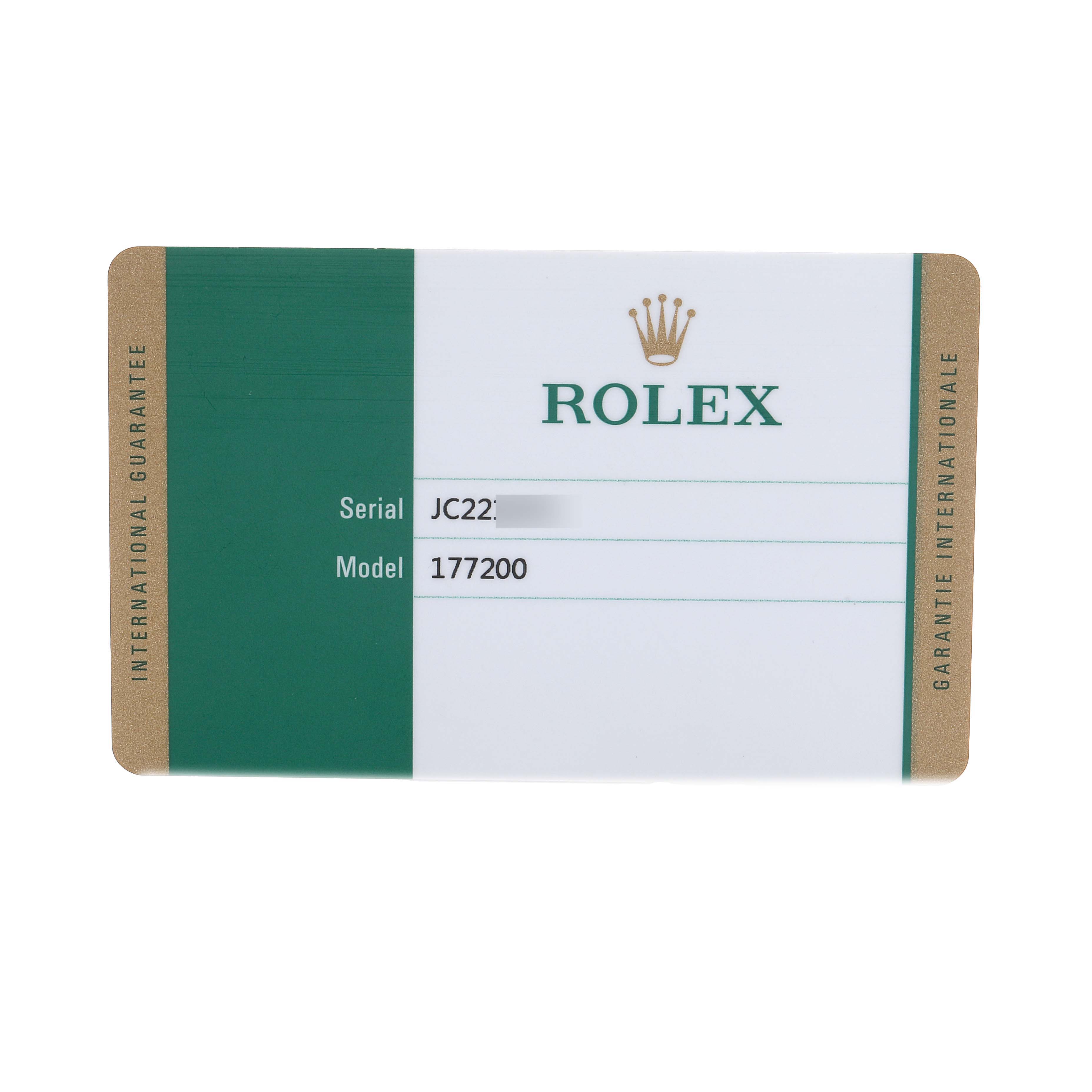 This image shows a Rolex warranty card with the model number 177200.