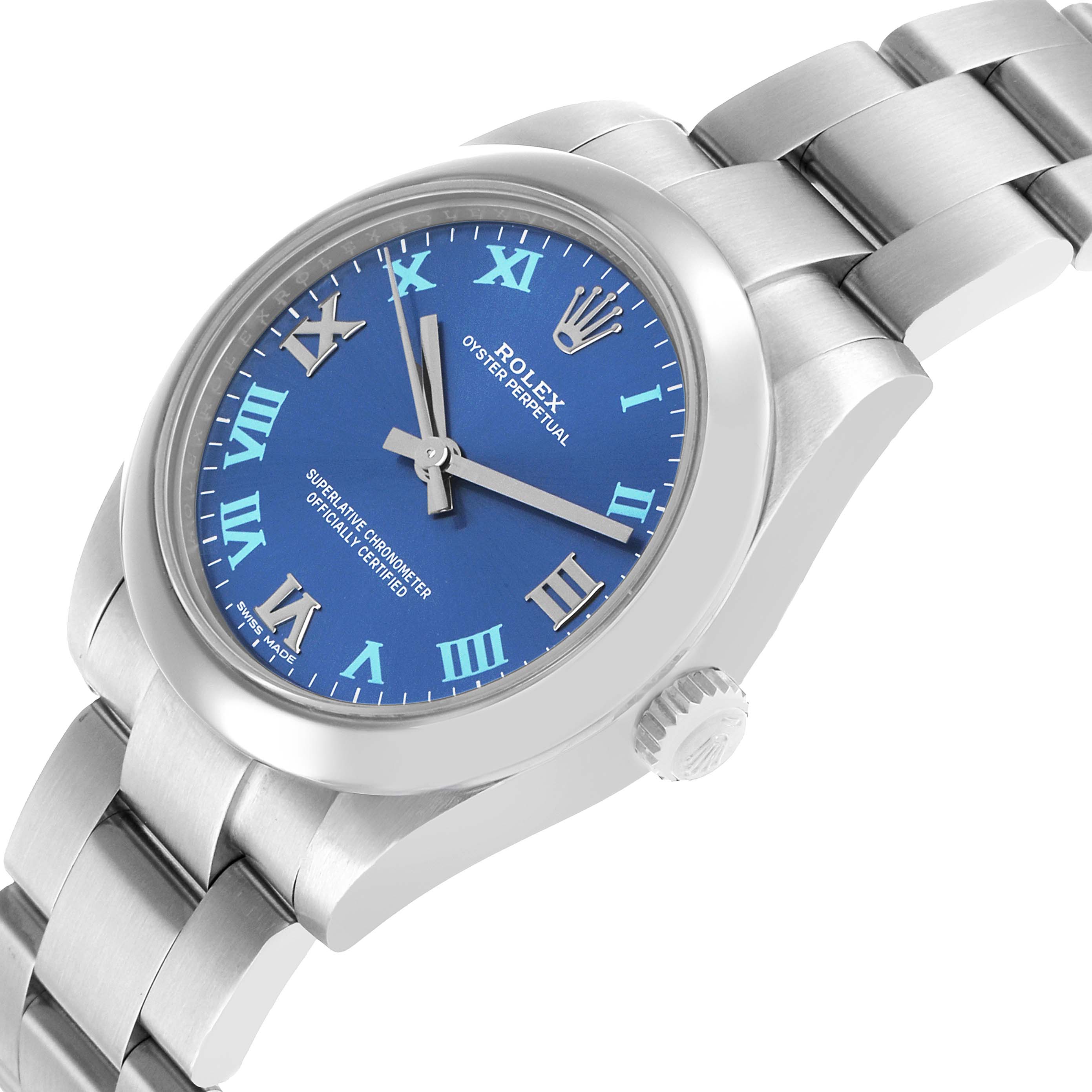 The Rolex Mid-Size 177200 Women's Stainless Steel Blue Dial watch is shown from a slightly angled side view, displaying the face, bezel, crown, and part of the bracelet.