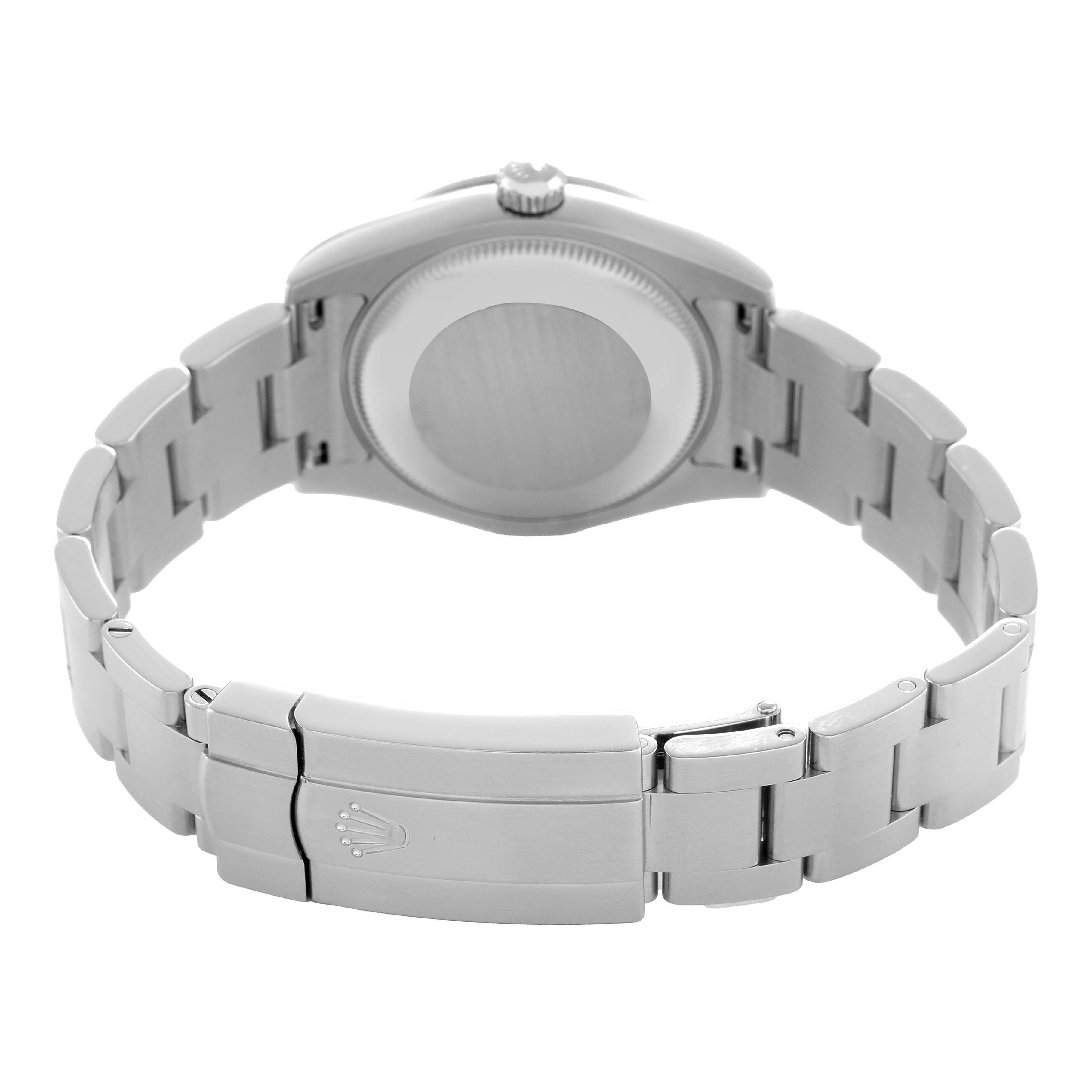 The image shows the back of the Rolex Mid-Size 177200 Women's Stainless Steel Blue Dial model, focusing on the case back, bracelet, and clasp.