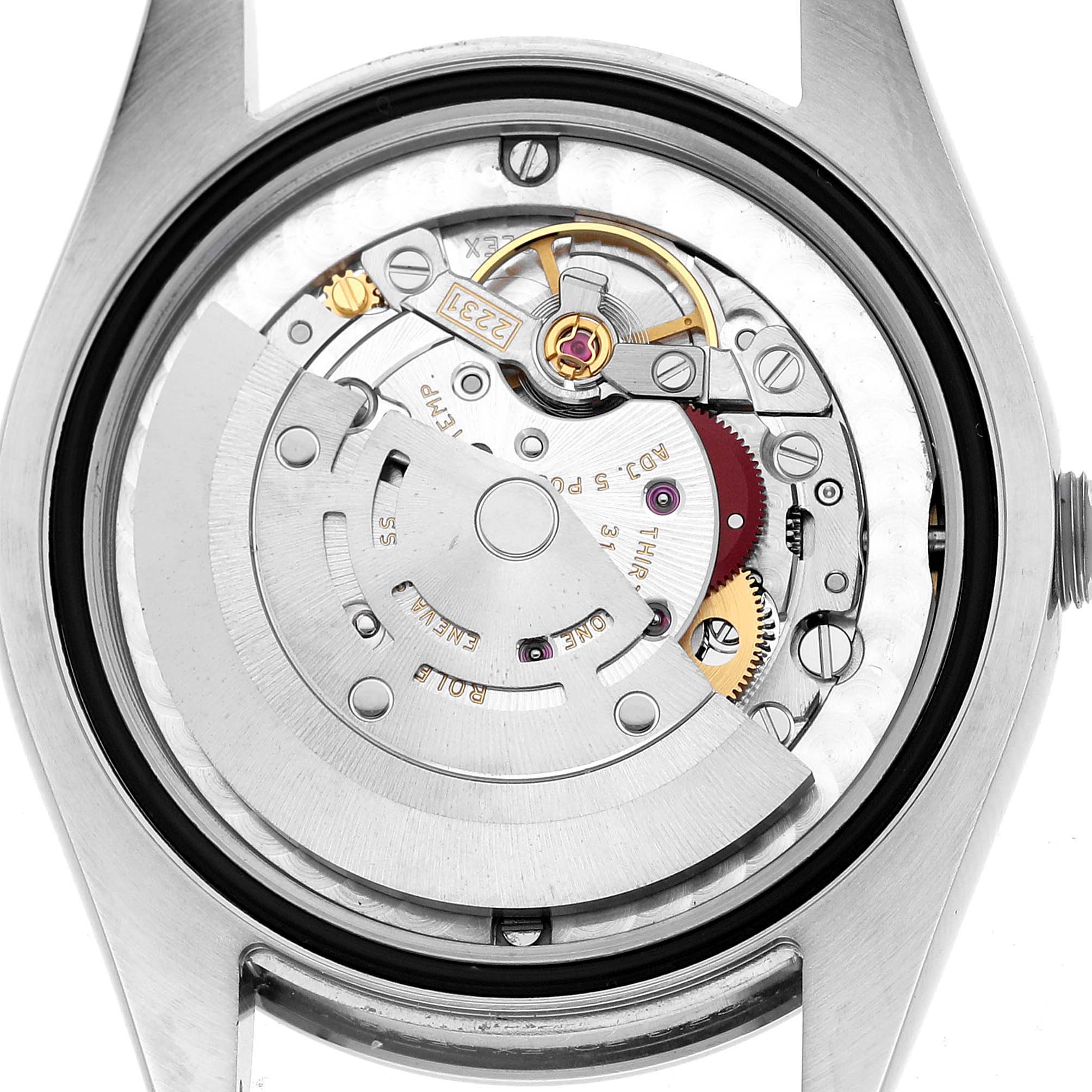 The image shows the movement and internal mechanisms of a Rolex Mid-Size 177200 Women's Stainless Steel Blue Dial watch from the caseback view.
