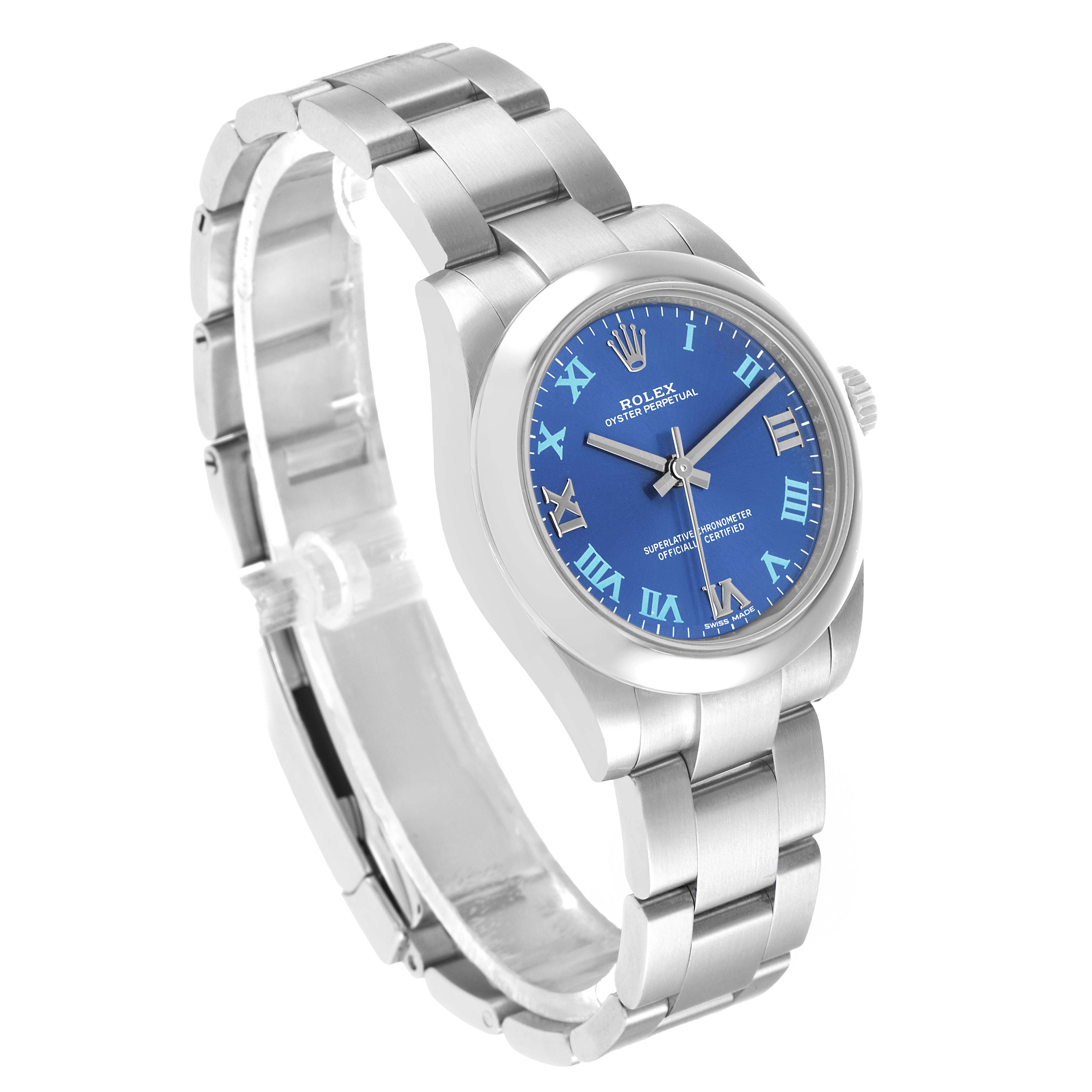 The Rolex Mid-Size 177200 Women's Stainless Steel Blue Dial watch is shown at a three-quarter angle, highlighting the blue dial, Roman numerals, and metal bracelet.