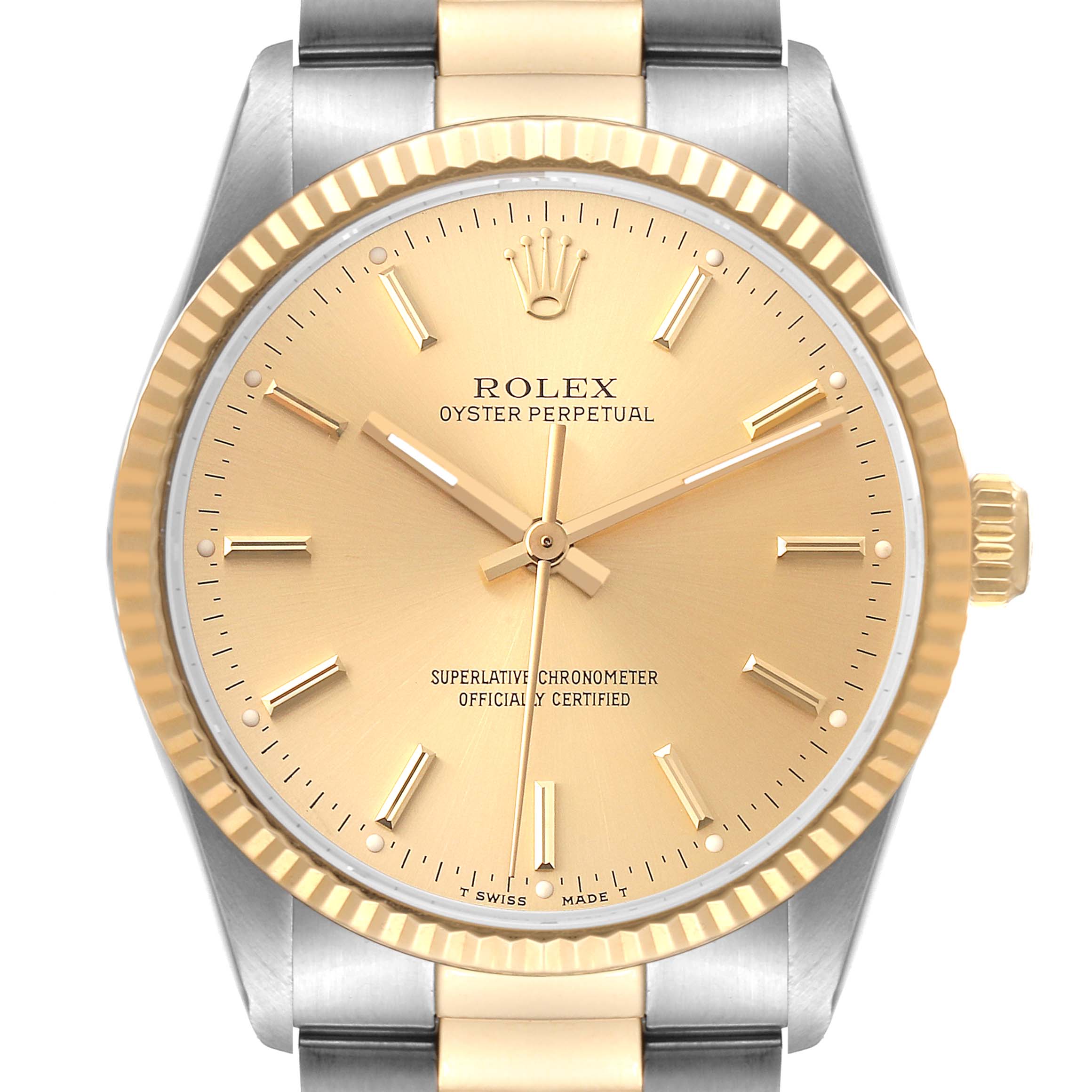 The image shows a front view of a Rolex Oyster Perpetual 14233 Men
s Steel and Gold (two tone) Champagne Dial 14233 Men
s Steel and Gold (two tone) Champagne Dial watch featuring a gold dial and a two-tone bracelet.