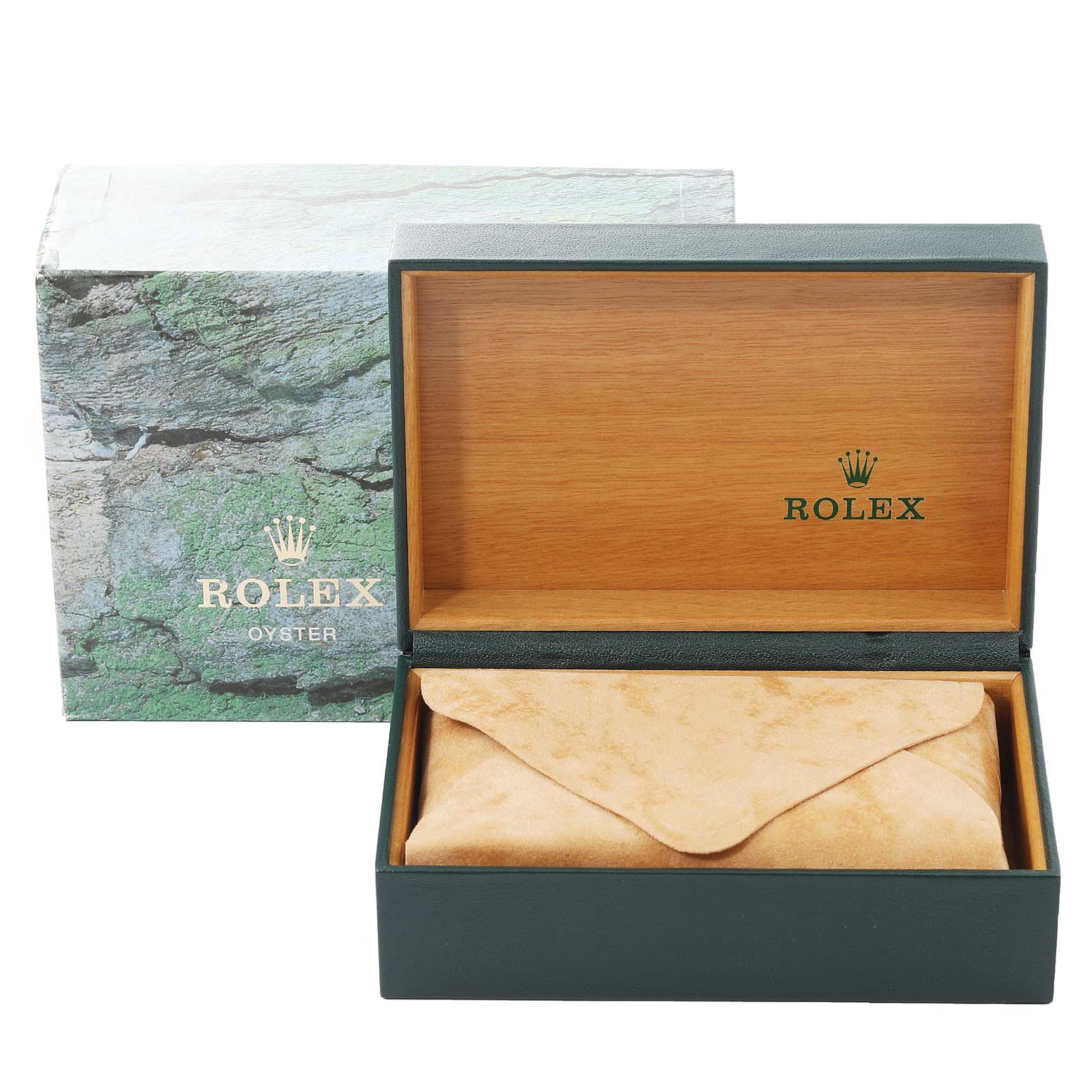 The image shows a Rolex box and case for an Oyster Perpetual watch from a front angle.