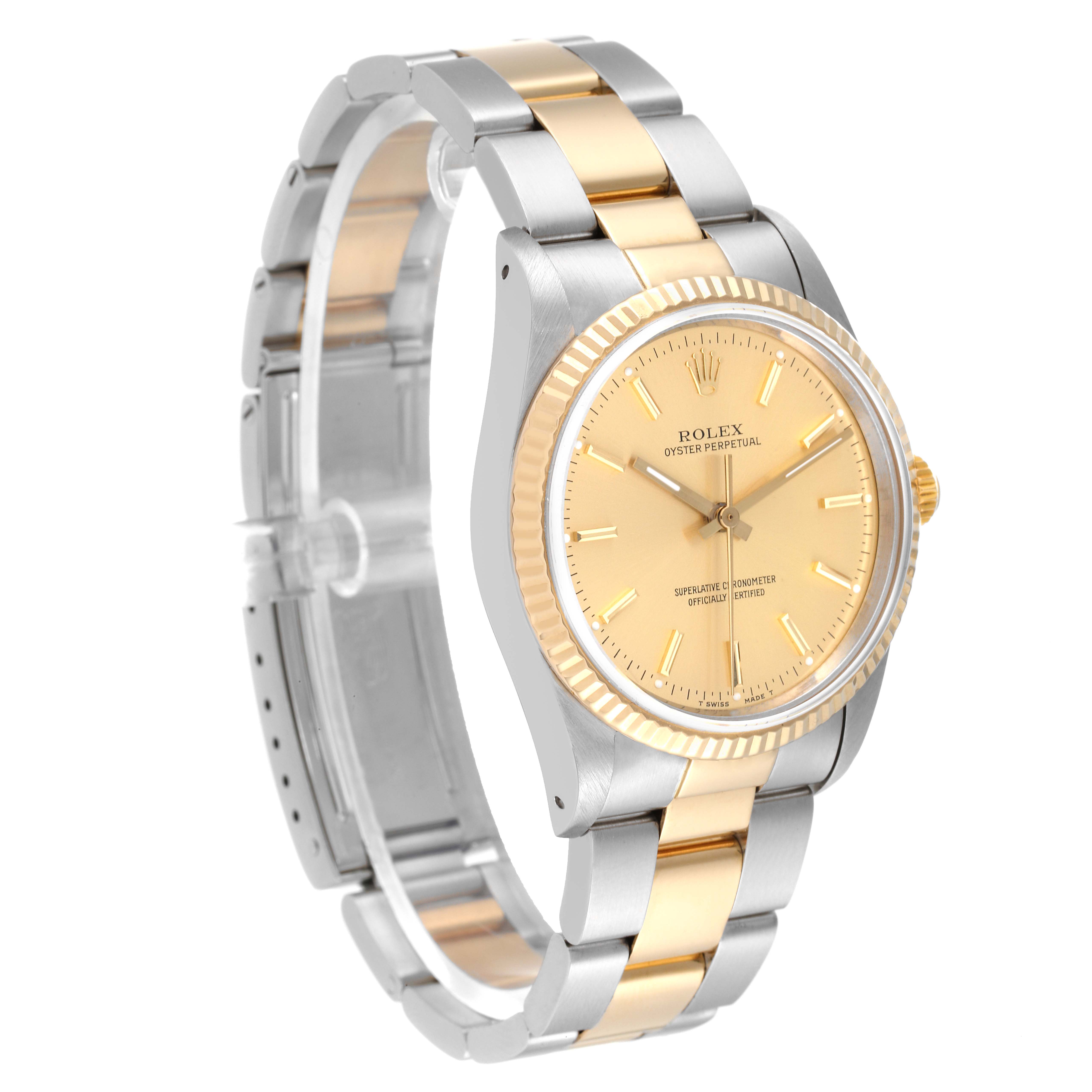 The image shows a side-angle view of a Rolex Oyster Perpetual 14233 Men
s Steel and Gold (two tone) Champagne Dial 14233 Men
s Steel and Gold (two tone) Champagne Dial watch, highlighting its two-tone metal bracelet and gold dial.