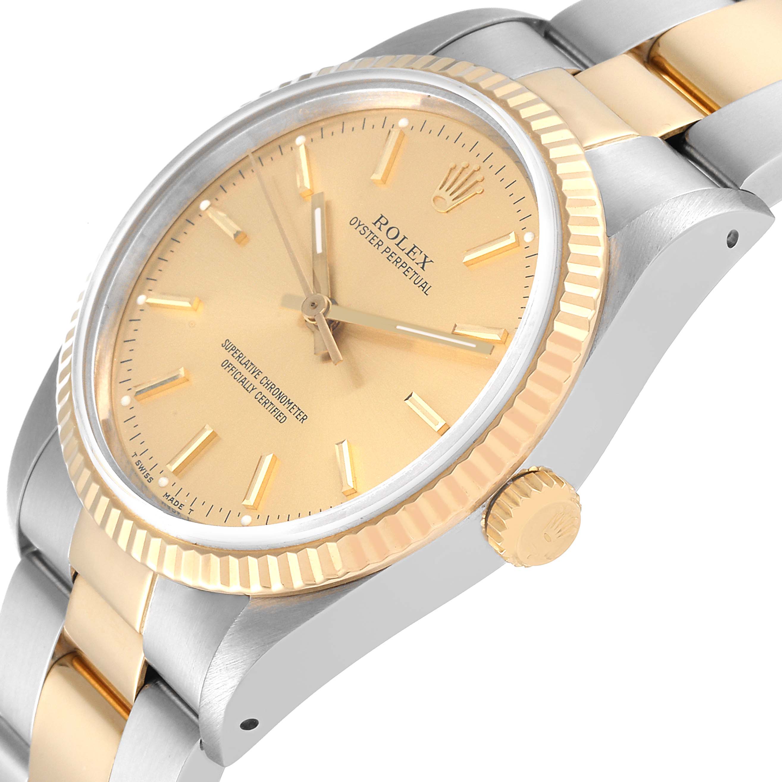 The angled image shows the face, bezel, crown, and part of the two-tone bracelet of the Rolex Oyster Perpetual 14233 Men
s Steel and Gold (two tone) Champagne Dial 14233 Men
s Steel and Gold (two tone) Champagne Dial watch.