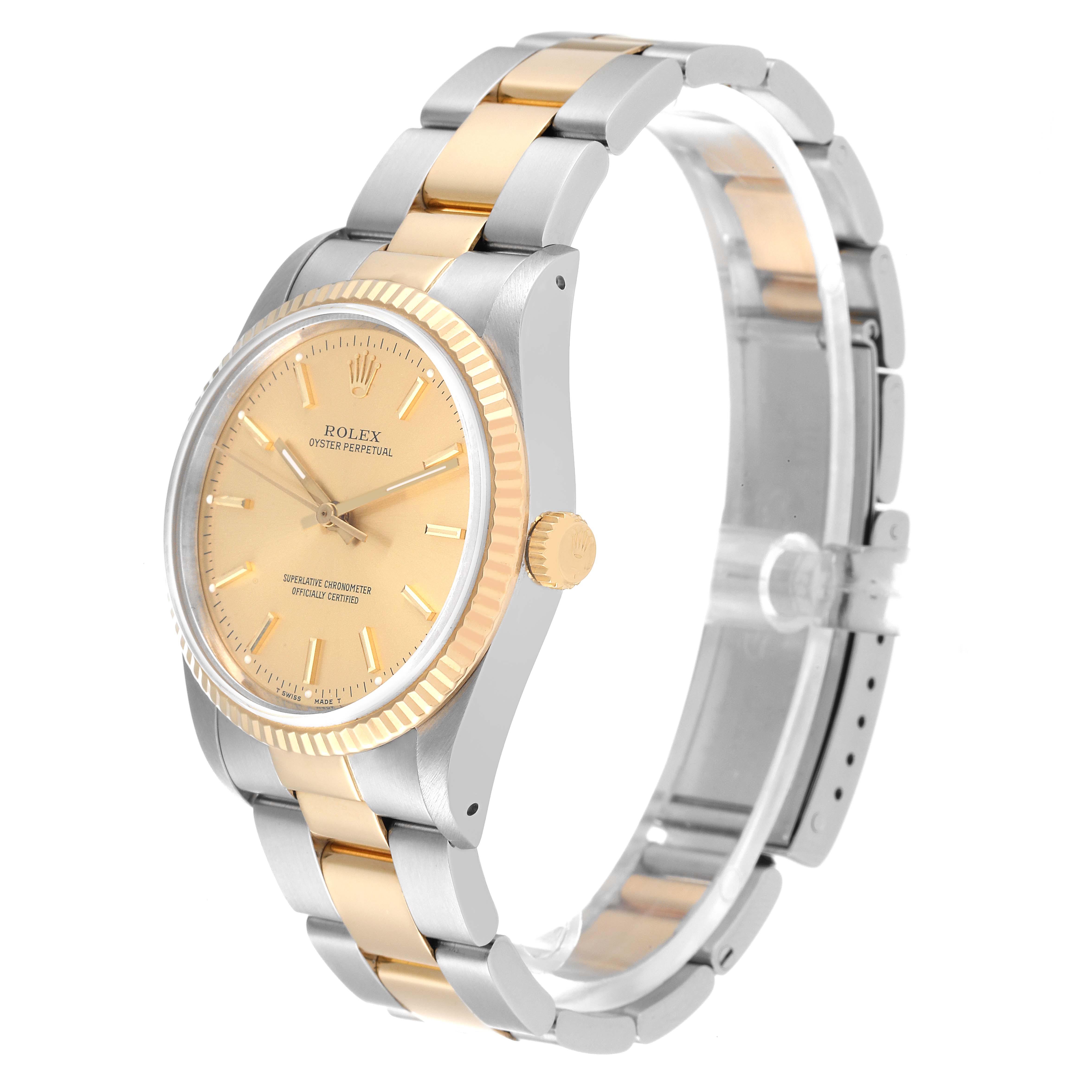 This image shows the side angle of a Rolex Oyster Perpetual 14233 Men
s Steel and Gold (two tone) Champagne Dial 14233 Men
s Steel and Gold (two tone) Champagne Dial watch, highlighting its gold bezel, dial, and two-tone bracelet.