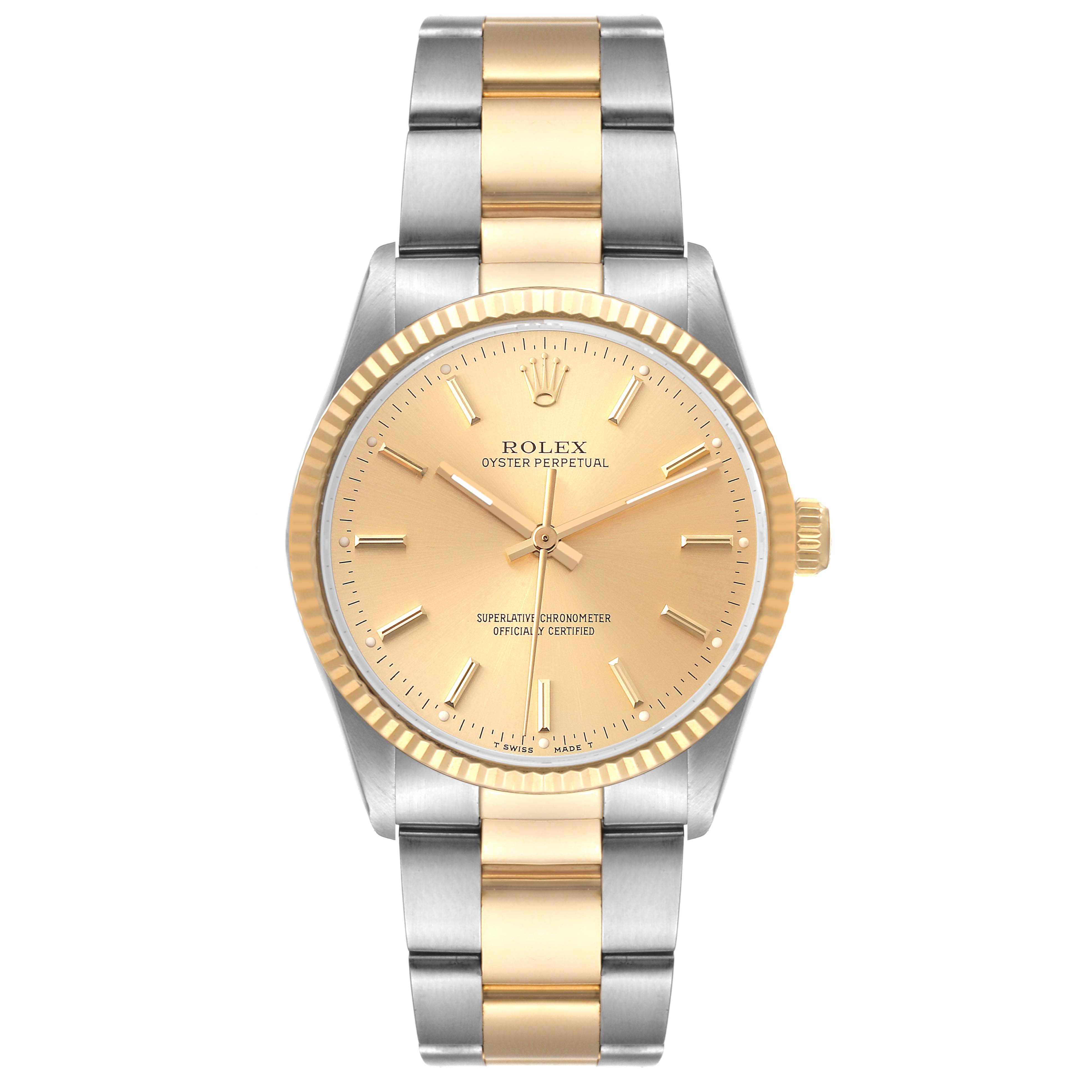 This image shows a front view of a Rolex Oyster Perpetual 14233 Men
s Steel and Gold (two tone) Champagne Dial 14233 Men
s Steel and Gold (two tone) Champagne Dial watch, featuring a gold dial and a two-tone bracelet.