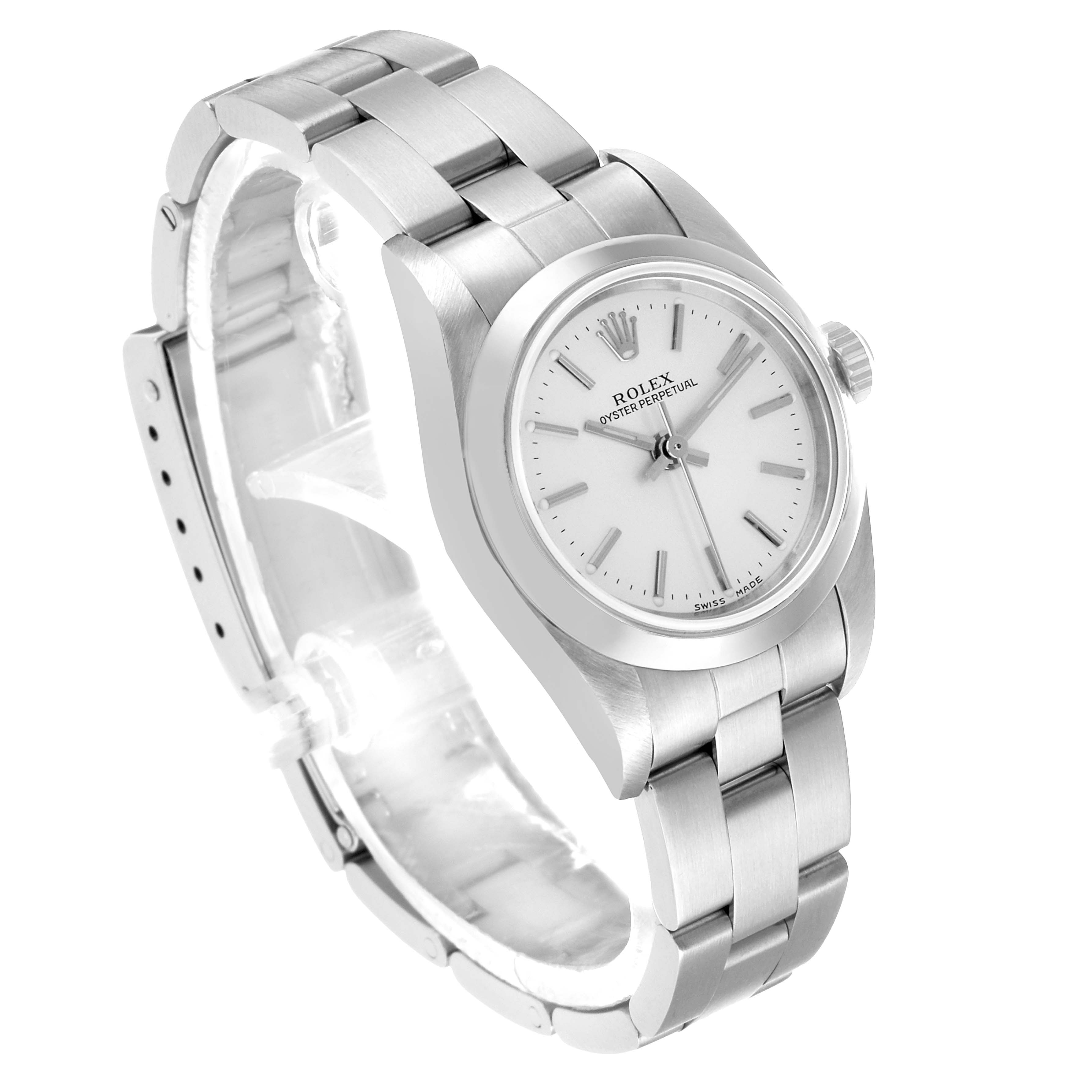 The Rolex Oyster Perpetual 76080 Women's Stainless Steel Silver Dial watch is shown at a three-quarter angle, highlighting the dial, case, and bracelet.