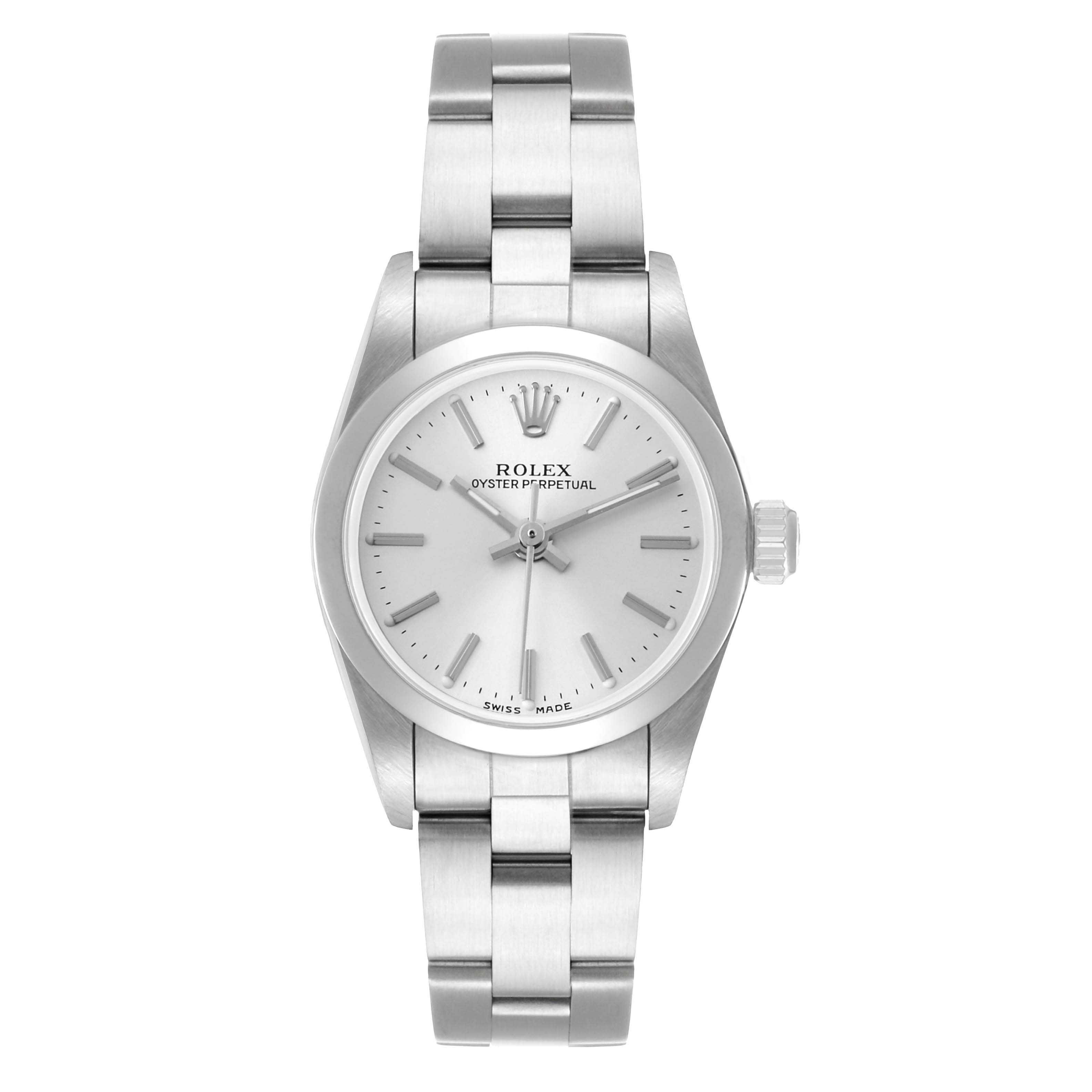 The Rolex Oyster Perpetual 76080 Women's Stainless Steel Silver Dial watch is shown from a front view displaying the dial, bracelet, and crown.