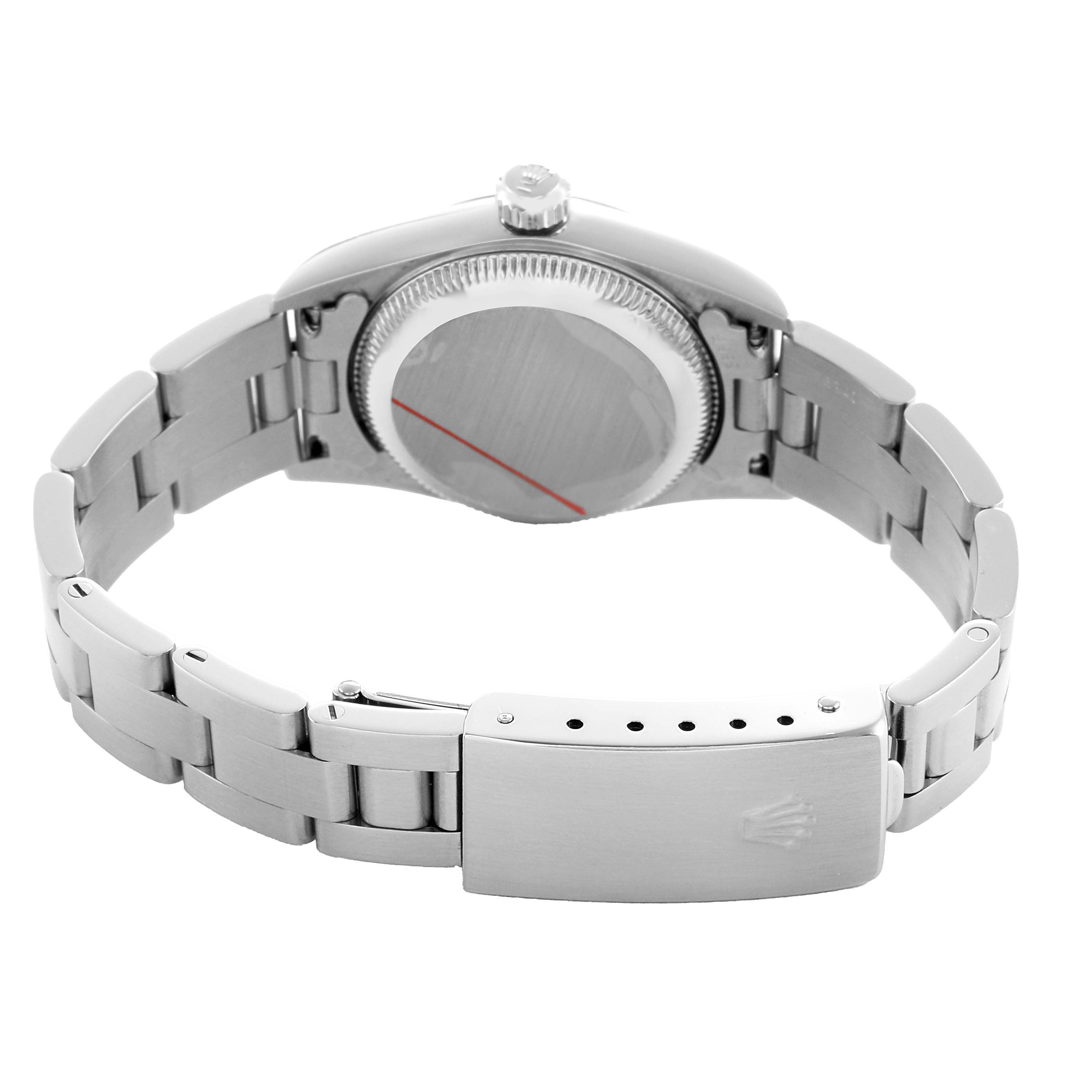 The Rolex Oyster Perpetual 76080 Women's Stainless Steel Silver Dial watch is shown from the back, highlighting the case back, bracelet, and clasp.