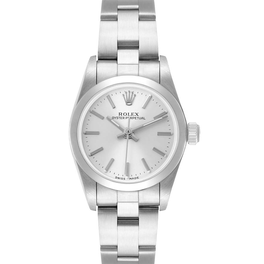 The image shows a front view of the Rolex Oyster Perpetual 76080 Women's Stainless Steel Silver Dial watch, highlighting its face, bracelet, and crown.
