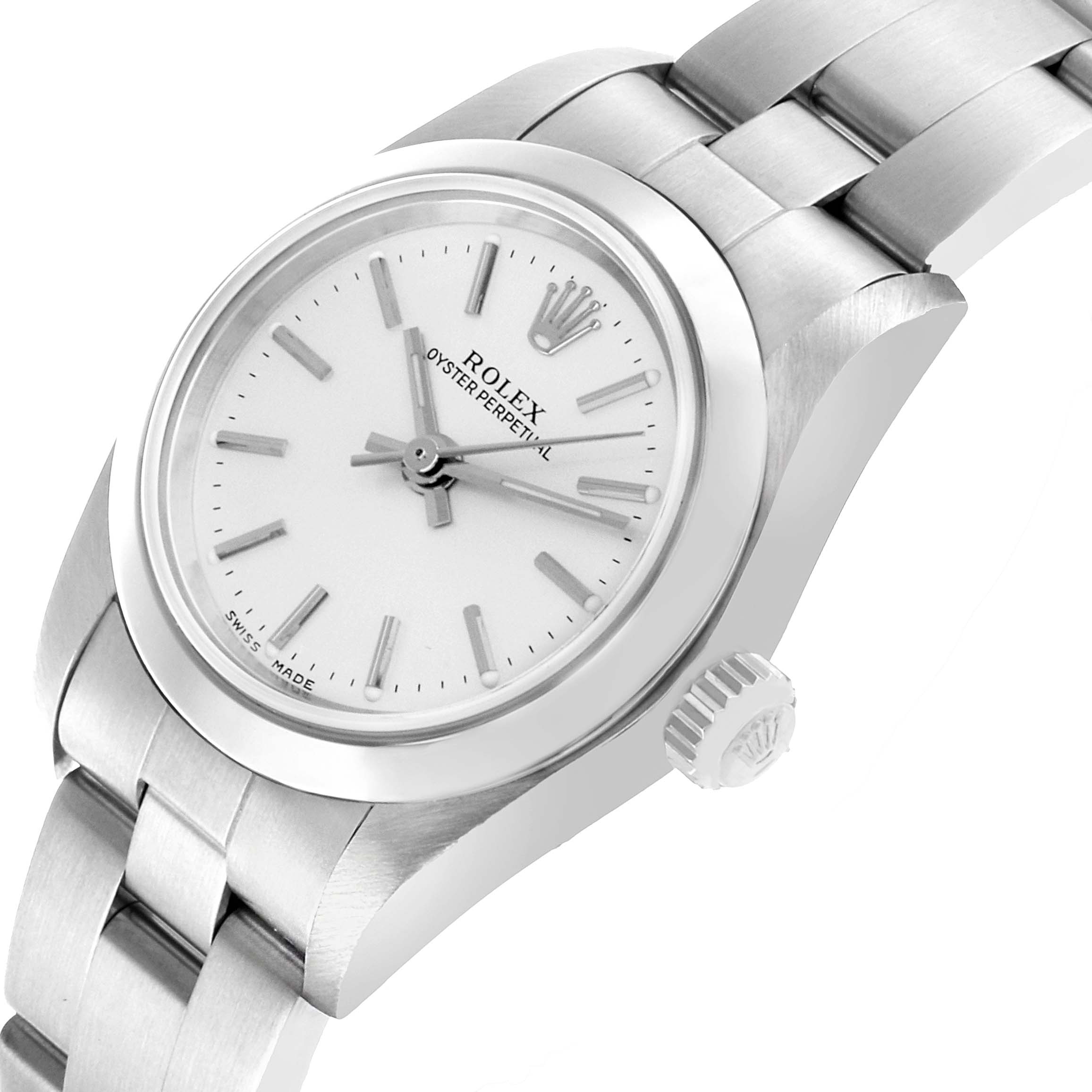 The Rolex Oyster Perpetual 76080 Women's Stainless Steel Silver Dial watch is shown at an angle highlighting the face, crown, and part of the bracelet.