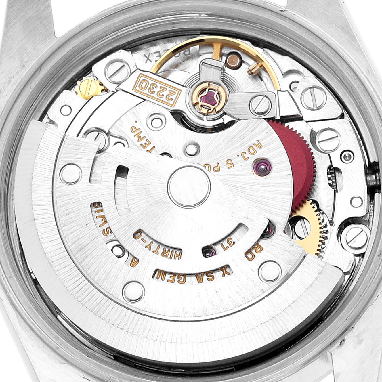The image shows the internal movement of a Rolex Oyster Perpetual 76080 Women's Stainless Steel Silver Dial watch, viewed from the back.