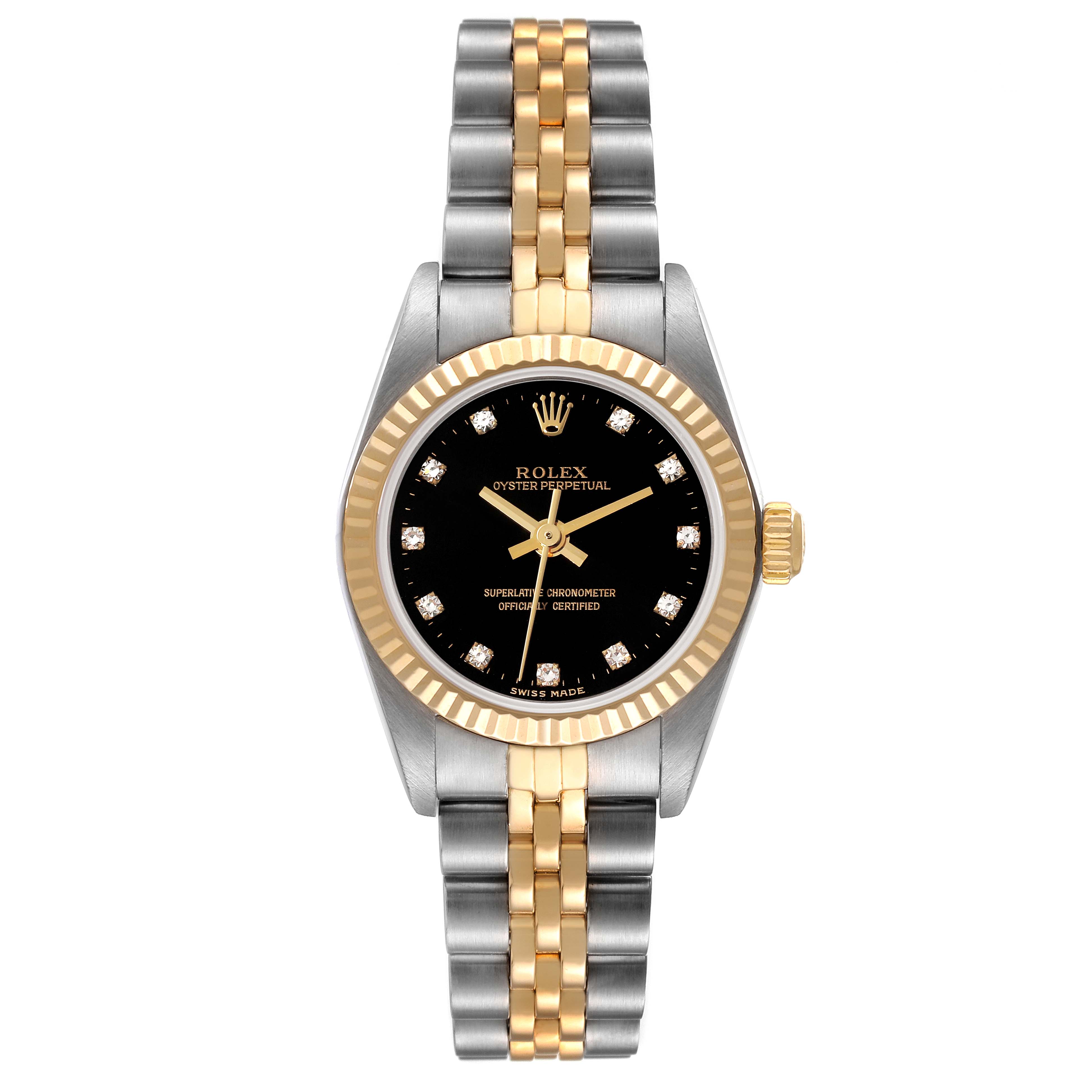 The image shows a Rolex Oyster Perpetual 76193 Women's Steel and Gold (two tone) Black Dial 76193 Women's Steel and Gold (two tone) Black Dial watch with a black dial, gold bezel, diamond hour markers, and a two-tone bracelet.
