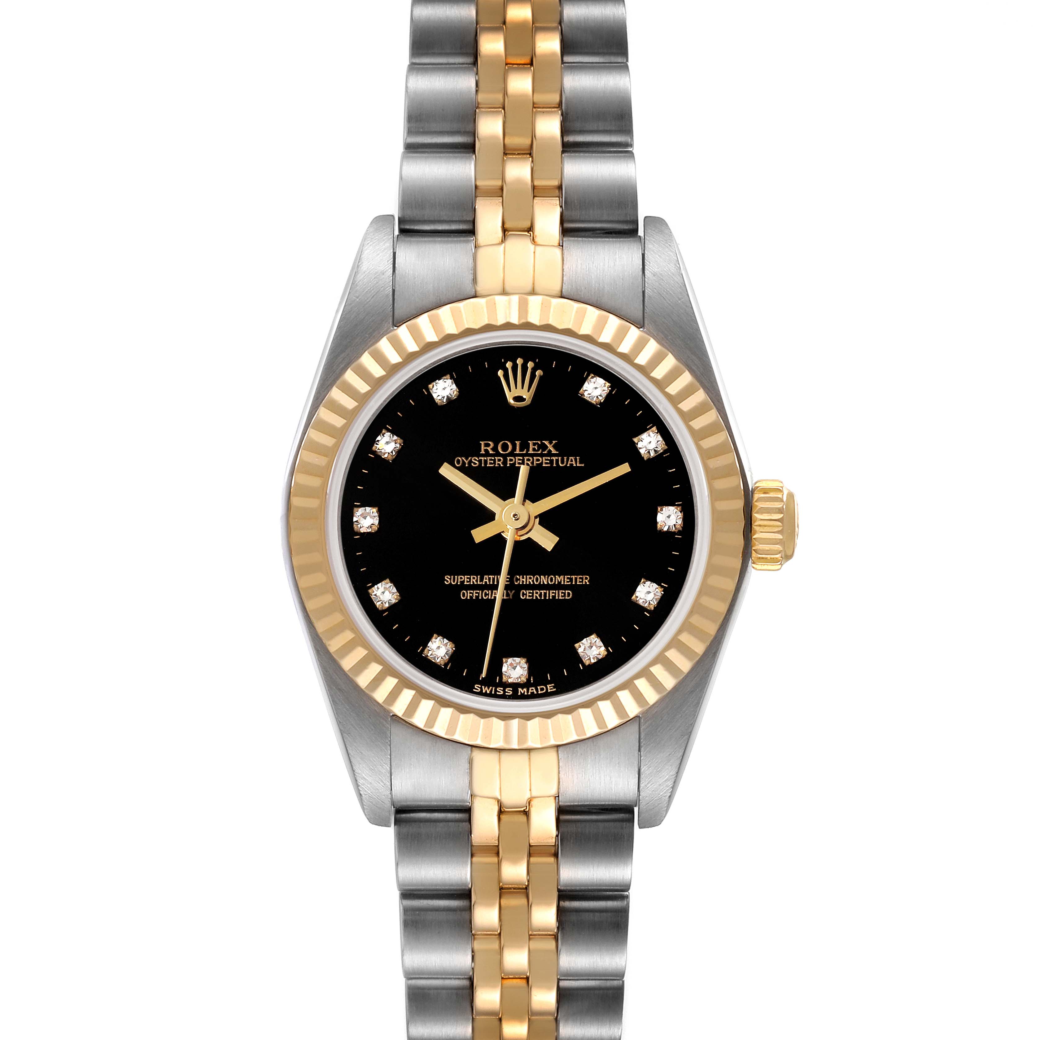 The image shows a frontal view of a Rolex Oyster Perpetual 76193 Women's Steel and Gold (two tone) Black Dial 76193 Women's Steel and Gold (two tone) Black Dial watch featuring a two-tone bracelet and a black dial with diamond hour markers.