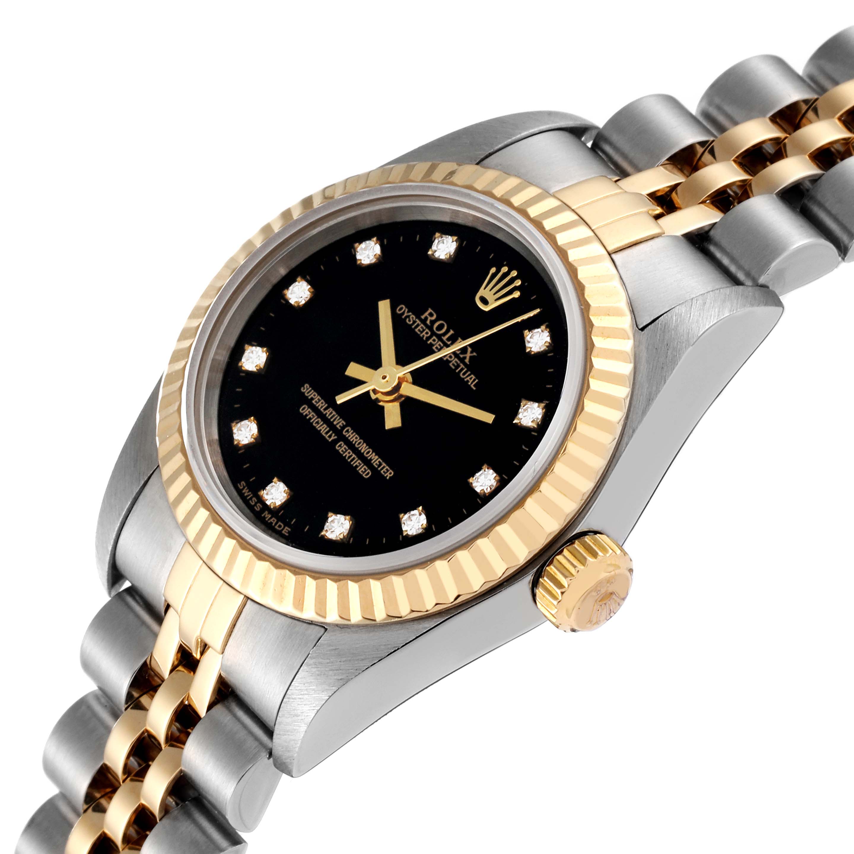 The Rolex Oyster Perpetual 76193 Women's Steel and Gold (two tone) Black Dial 76193 Women's Steel and Gold (two tone) Black Dial watch is shown at an angle, highlighting the black dial, gold accents, and part of the bracelet.