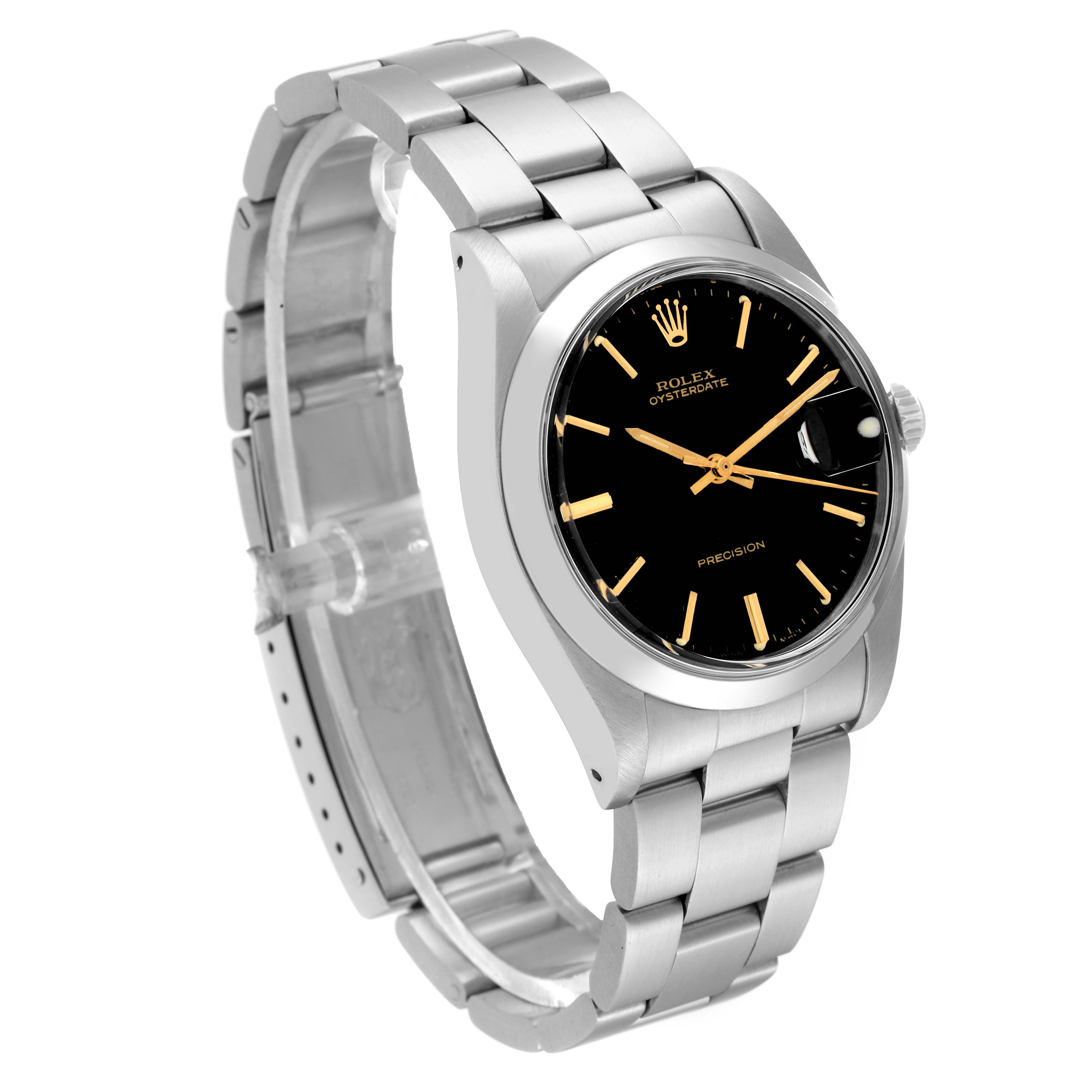 This image shows a side-angle view of a Rolex Vintage Collection 6694 Men's Stainless Steel Black Dial 6694 Men's Stainless Steel Black Dial watch featuring its metal bracelet and black dial.