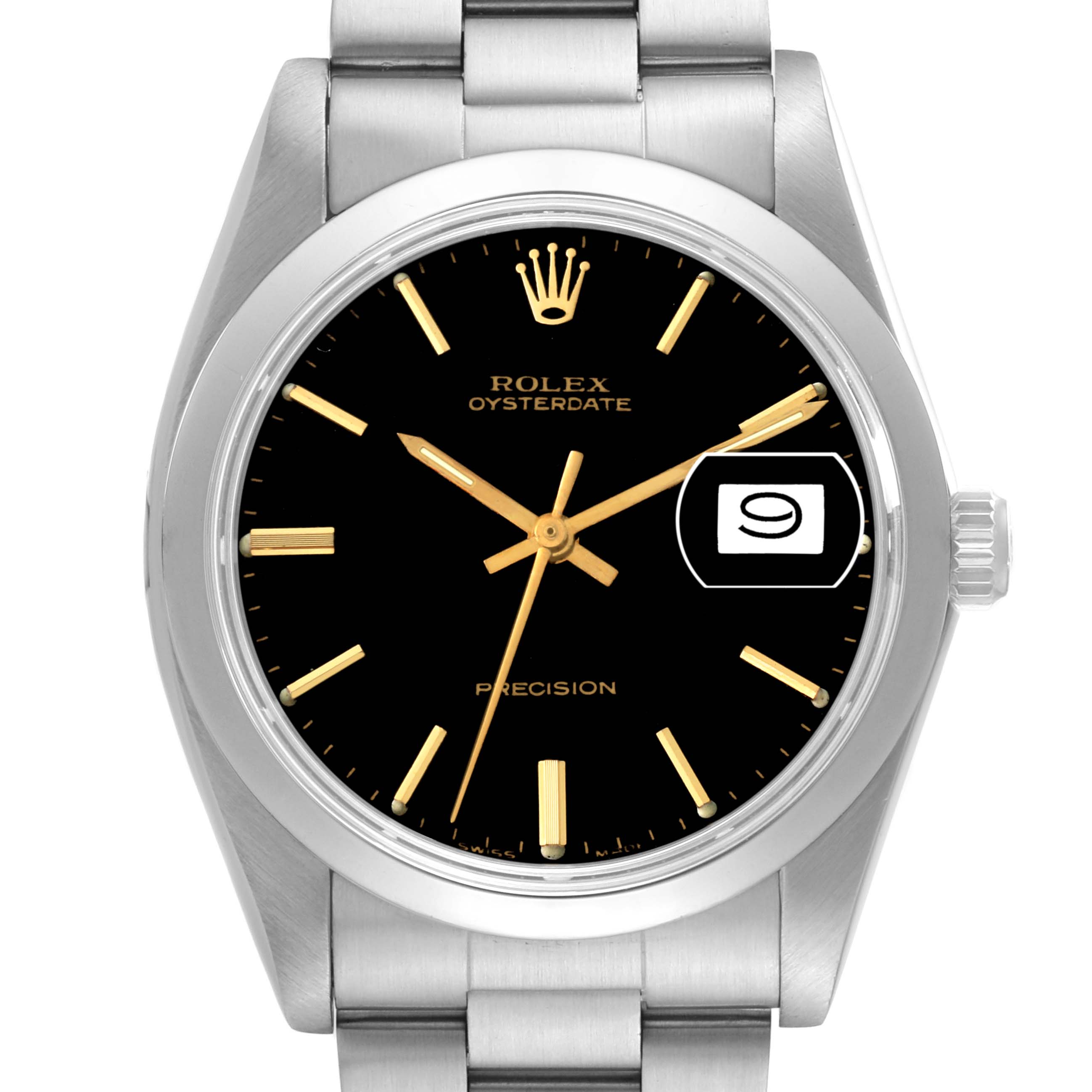 This image shows a front view of the Rolex Vintage Collection 6694 Men's Stainless Steel Black Dial 6694 Men's Stainless Steel Black Dial Oysterdate watch, highlighting the black dial, date display, and stainless steel bracelet.