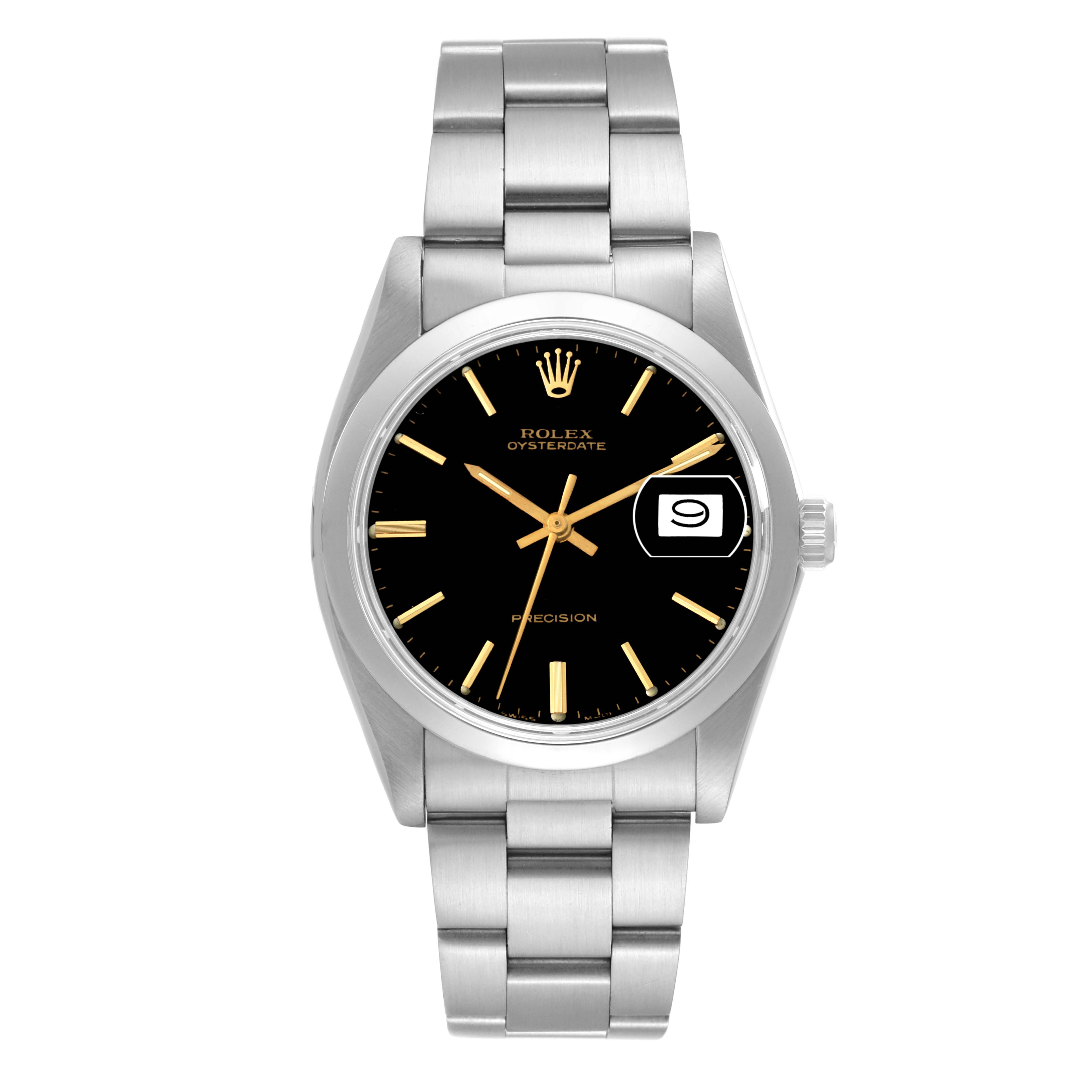 This image shows a front view of the Rolex Vintage Collection 6694 Men's Stainless Steel Black Dial 6694 Men's Stainless Steel Black Dial watch, displaying its black dial, date window, and stainless steel bracelet.