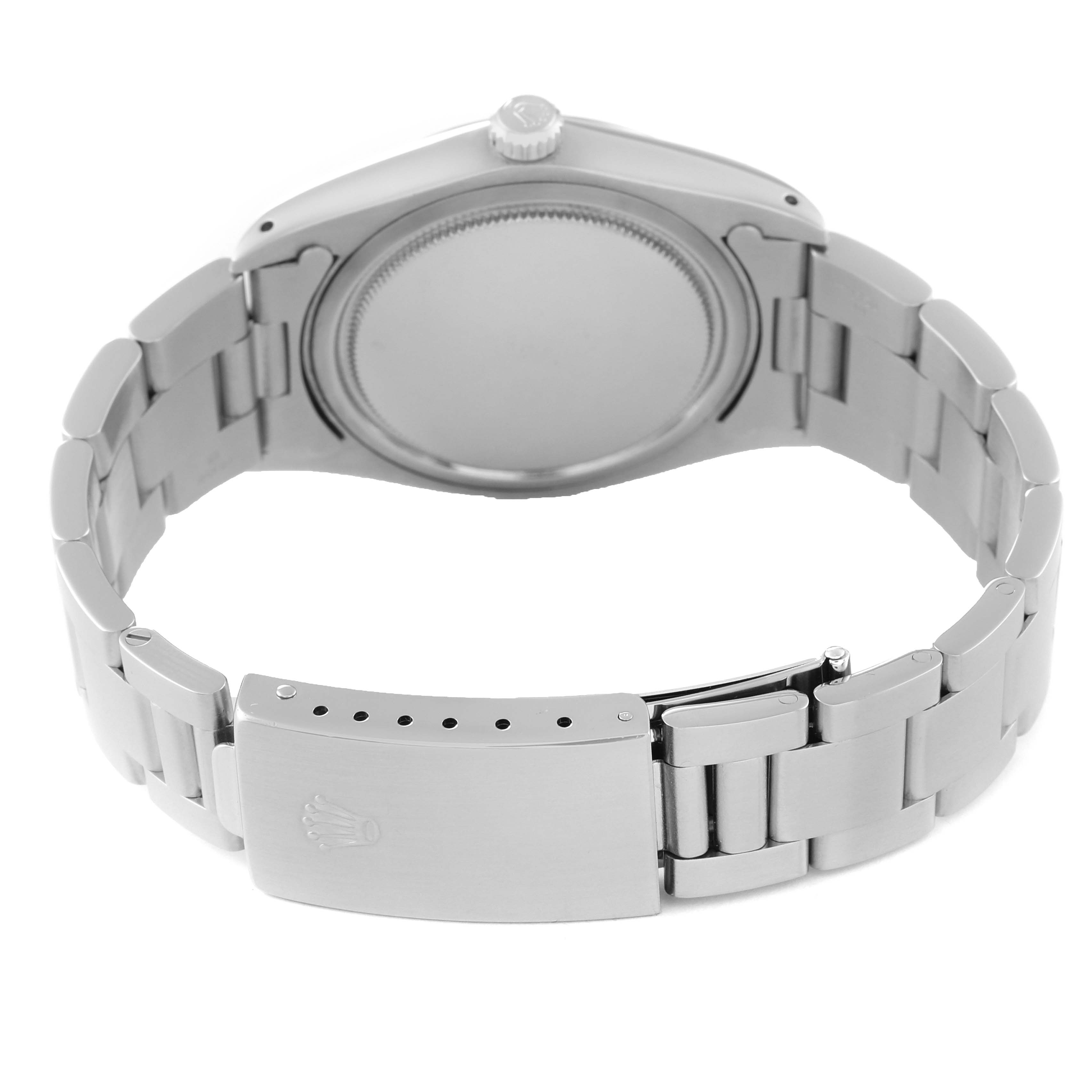 The image shows the back case and bracelet clasp of the Rolex Vintage Collection 6694 Men's Stainless Steel Blue Dial 6694 Men's Stainless Steel Blue Dial watch from an oblique angle.