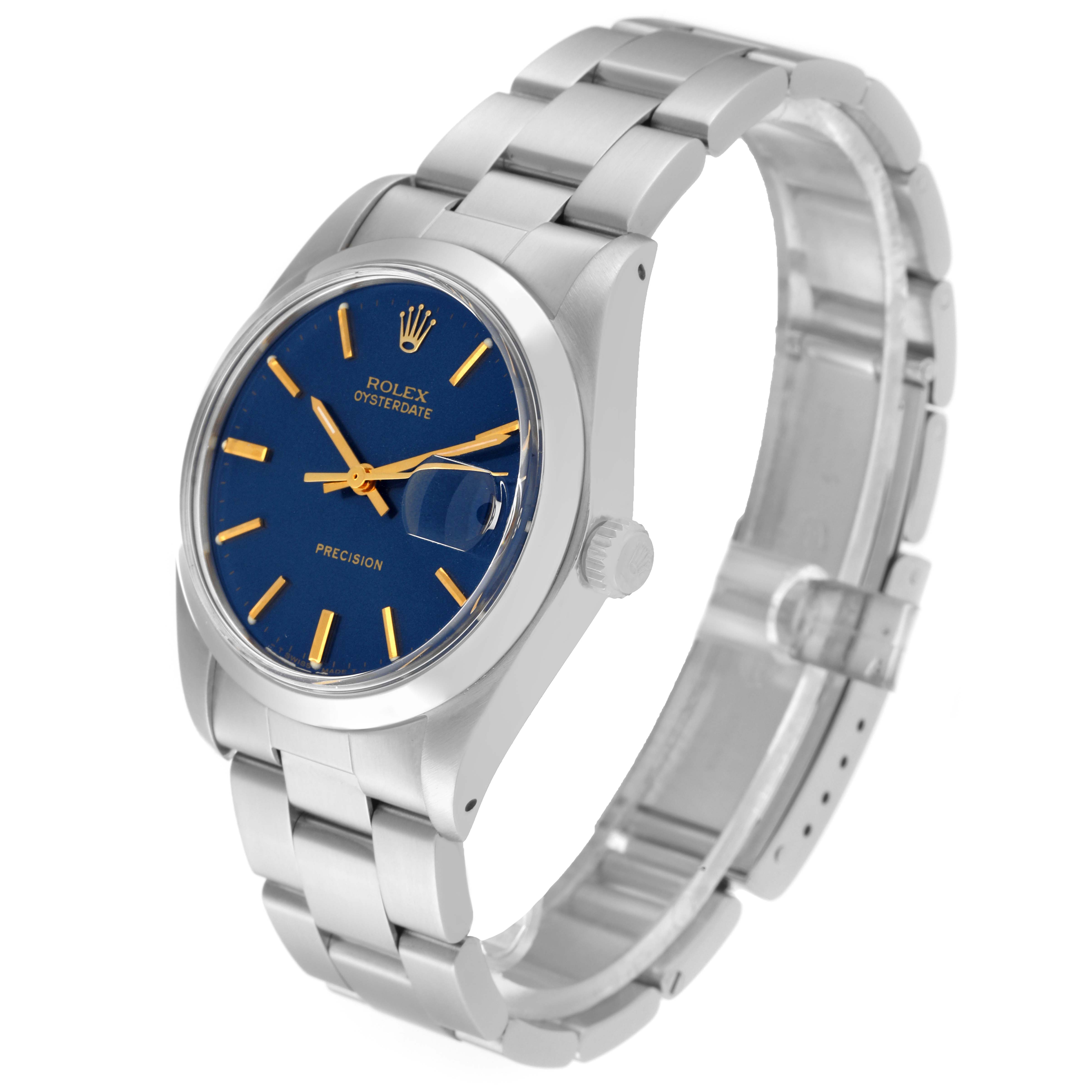 The image shows a side angle view of the Rolex Vintage Collection 6694 Men's Stainless Steel Blue Dial 6694 Men's Stainless Steel Blue Dial watch, displaying its blue dial, crown, and stainless steel bracelet.