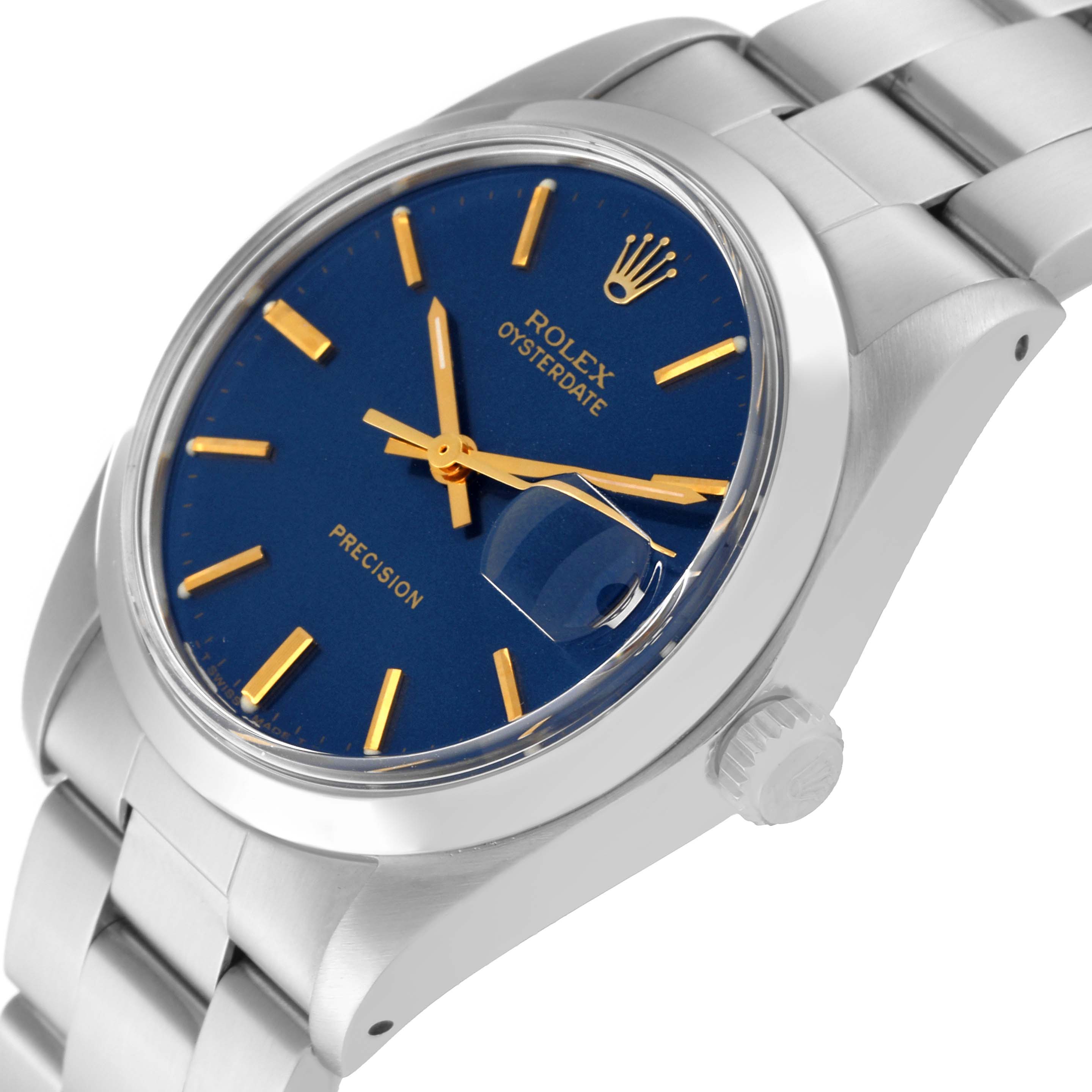 The Rolex Vintage Collection 6694 Men's Stainless Steel Blue Dial 6694 Men's Stainless Steel Blue Dial model is shown at an angle highlighting the blue dial, date magnifier, and metal bracelet.