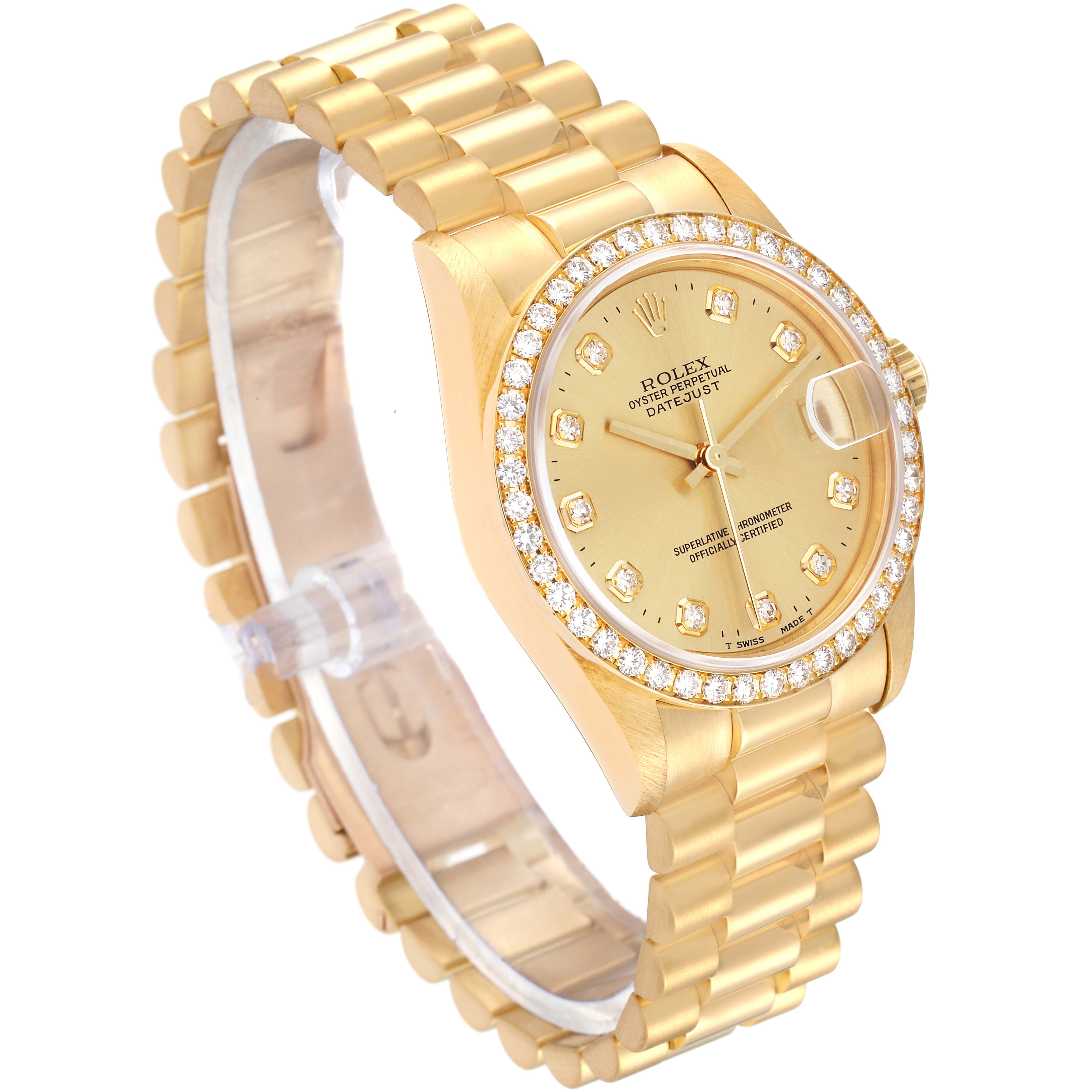 This is a close-up of a gold Rolex President 68288 Women's Yellow Gold Champagne Dial 68288 Women's Yellow Gold Champagne Dial model, showing the dial, bezel, bracelet, and part of the clasp at a slight angle.