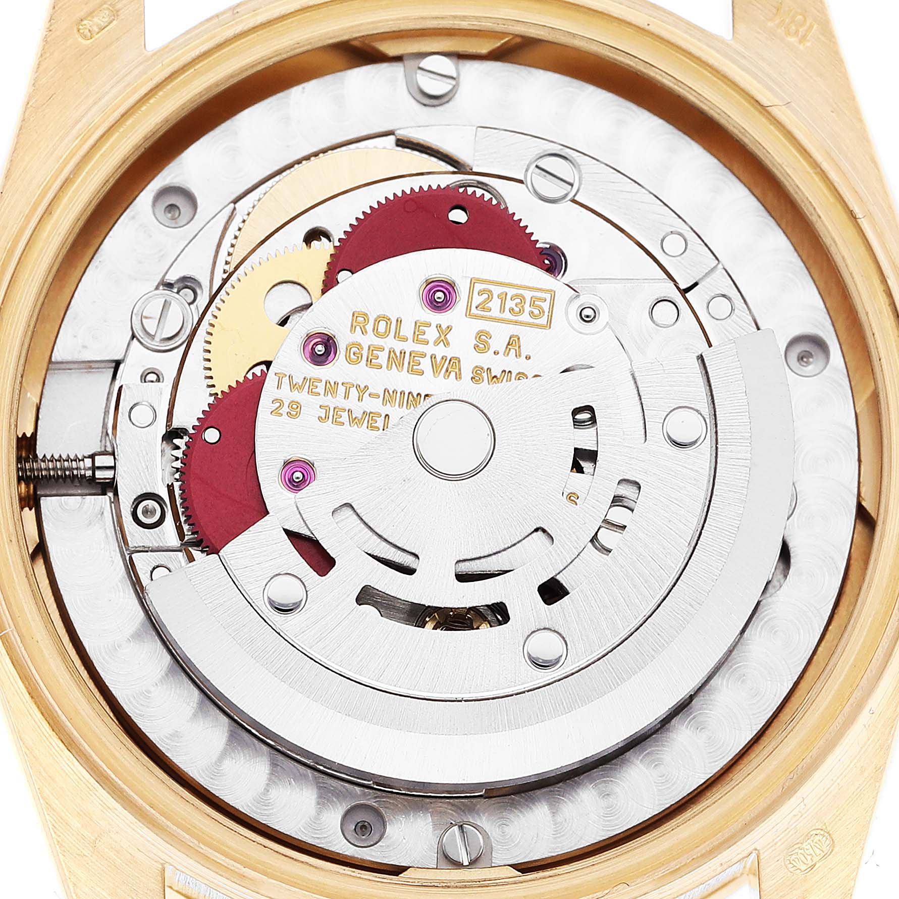 The image shows the internal mechanism and movement of a Rolex President 68288 Women's Yellow Gold Champagne Dial 68288 Women's Yellow Gold Champagne Dial model watch from an overhead angle.