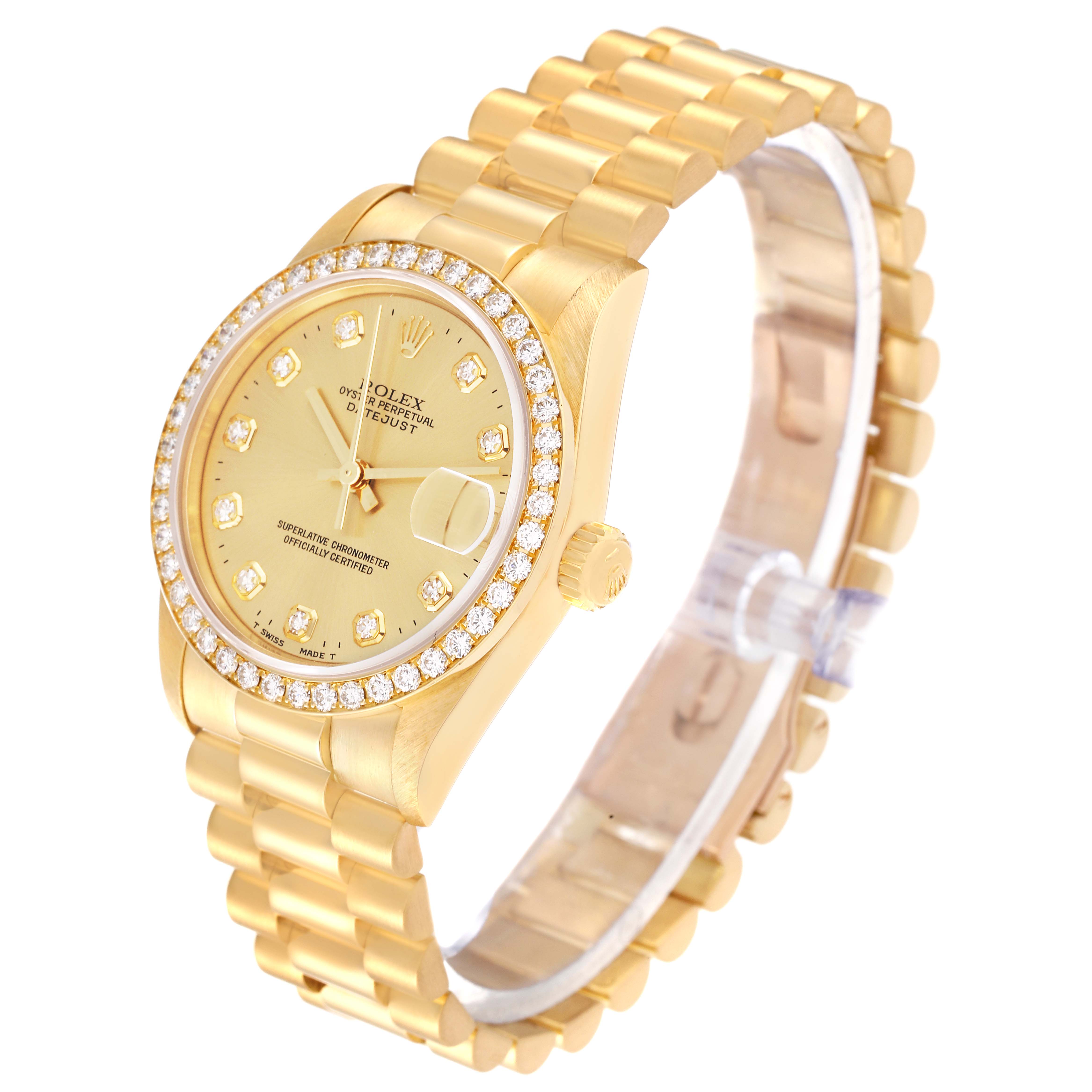 This image shows a Rolex President 68288 Women's Yellow Gold Champagne Dial 68288 Women's Yellow Gold Champagne Dial model watch at a three-quarter angle, highlighting its gold case, diamond bezel, and bracelet.
