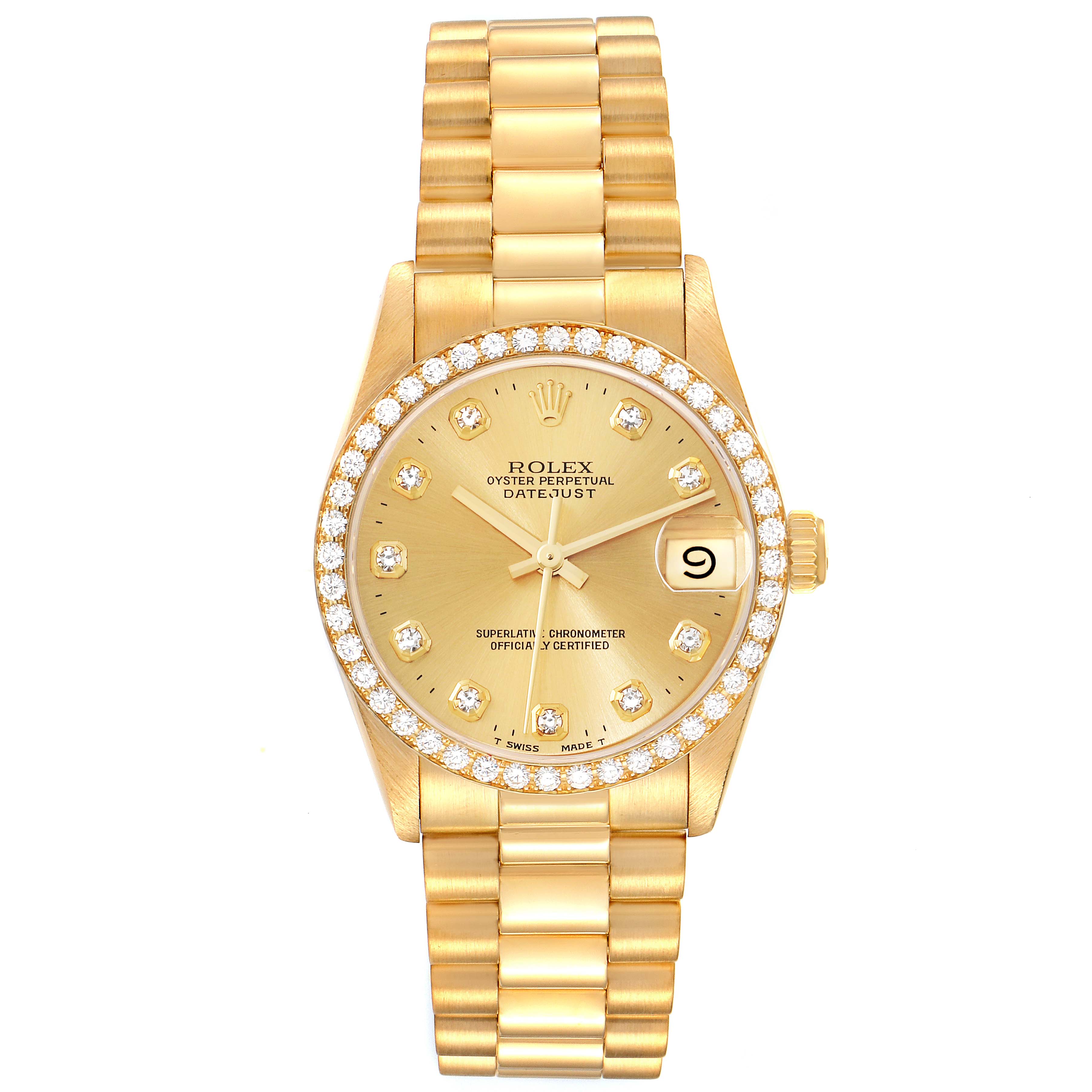 This image shows the front view of a Rolex President 68288 Women's Yellow Gold Champagne Dial 68288 Women's Yellow Gold Champagne Dial model watch with a gold face, diamond bezel, and gold bracelet.