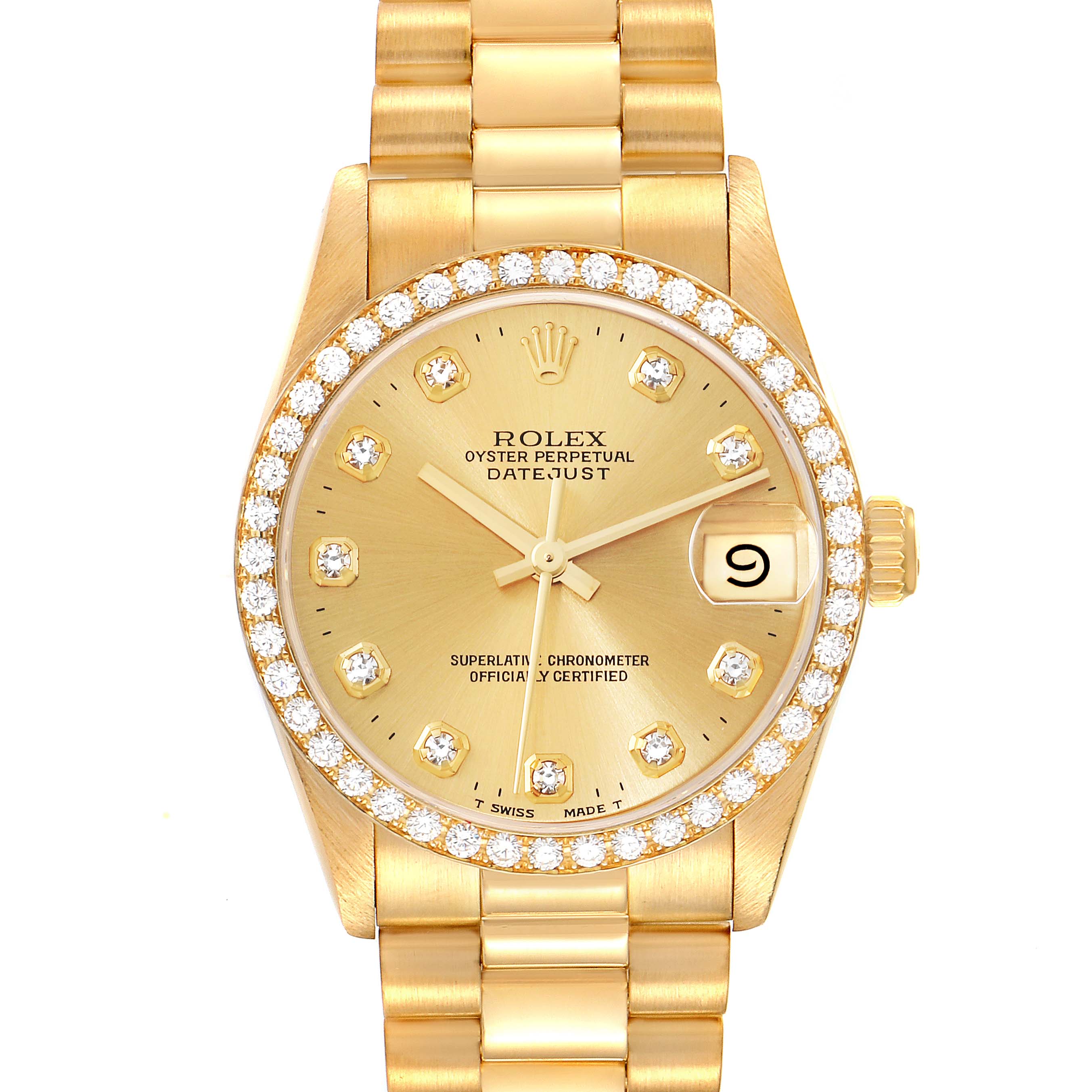 The image shows a front view of a Rolex President 68288 Women's Yellow Gold Champagne Dial 68288 Women's Yellow Gold Champagne Dial model watch with a gold dial, diamond bezel, and date window at 3 o'clock.