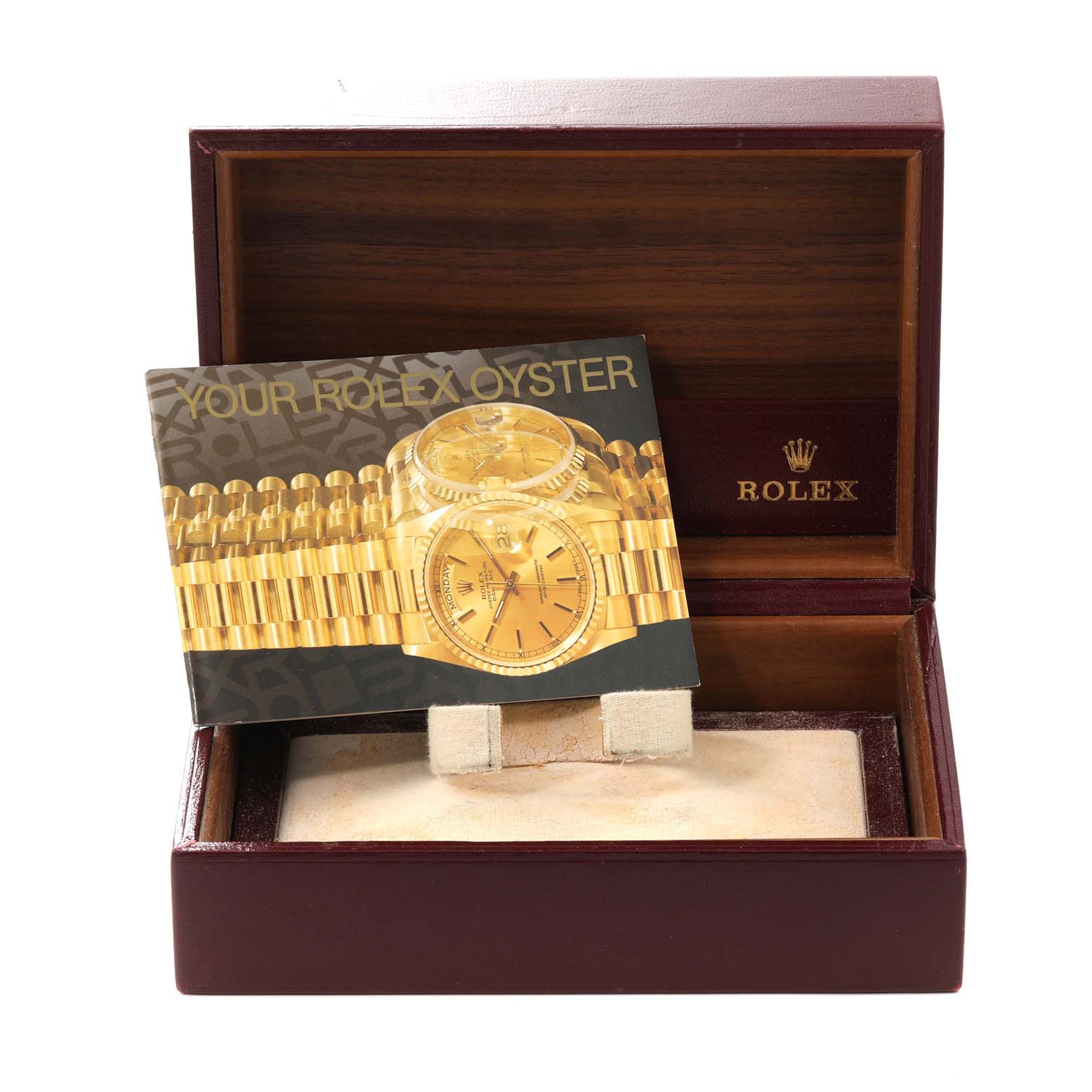 The image shows a Rolex President 68288 Women's Yellow Gold Champagne Dial 68288 Women's Yellow Gold Champagne Dial model watch box with an open lid, displaying a "Your Rolex Oyster" booklet.