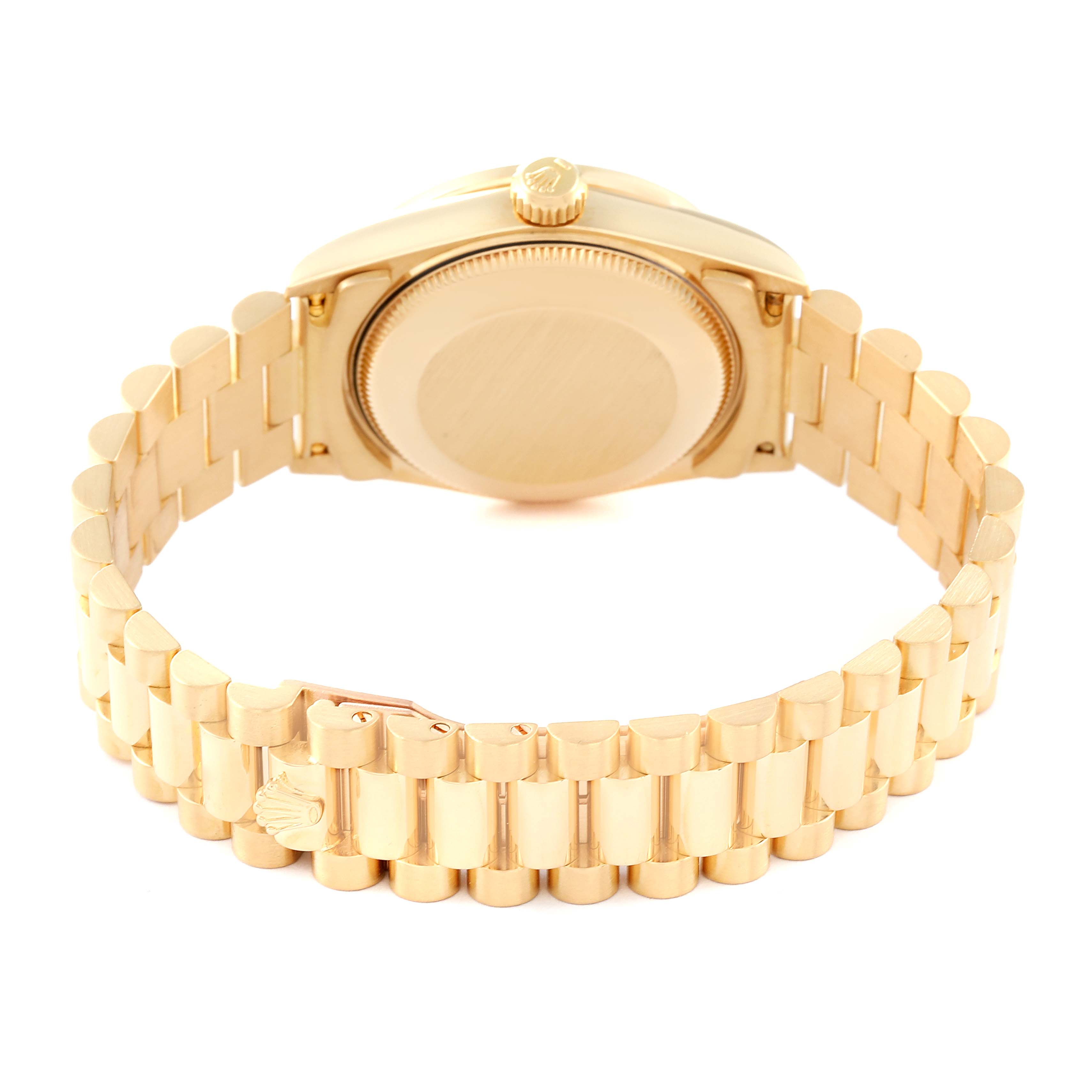 This image shows the back view of a Rolex President 68288 Women's Yellow Gold Champagne Dial 68288 Women's Yellow Gold Champagne Dial model watch, focusing on its bracelet, case back, and crown.